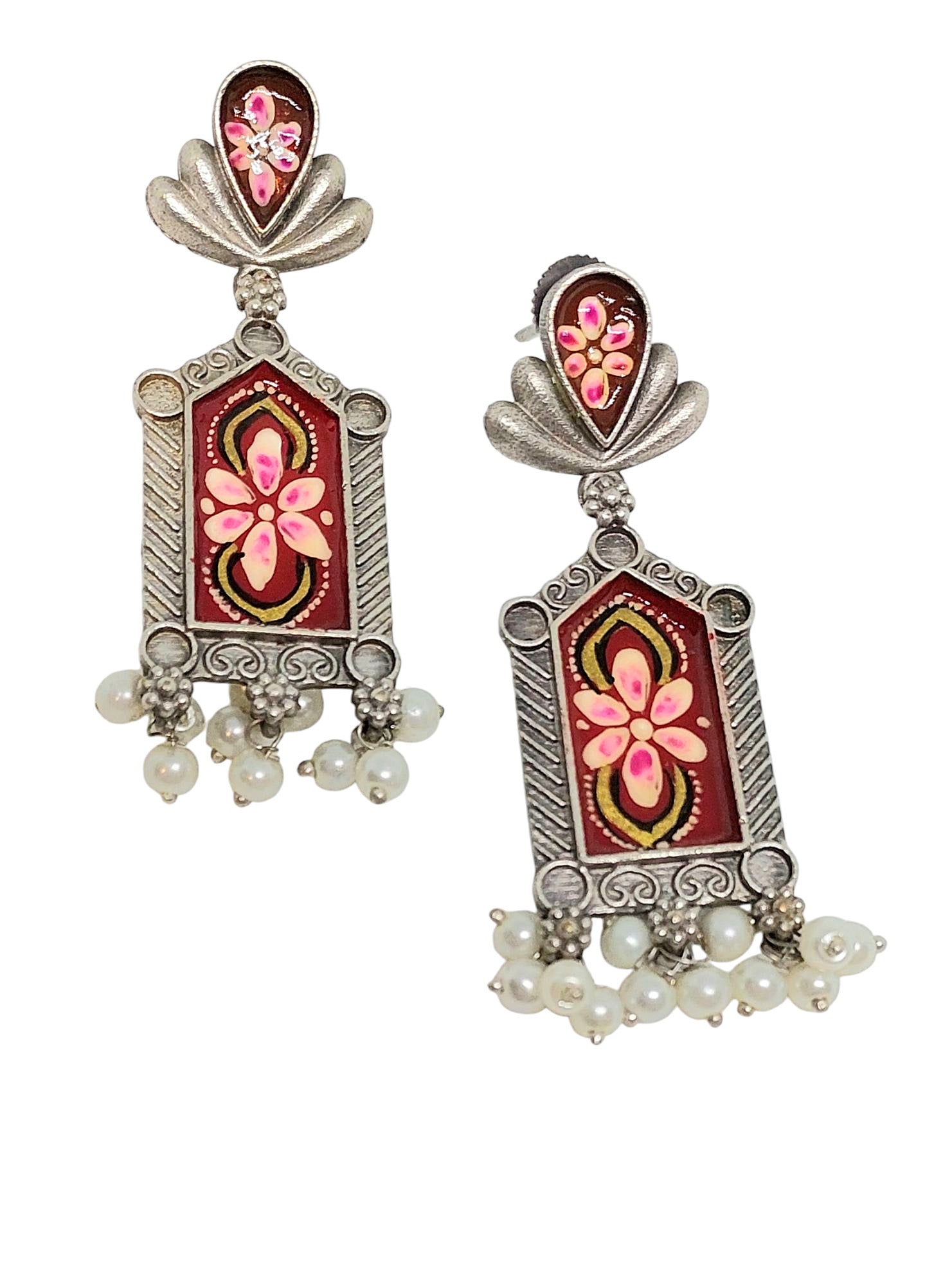 Gul Warun Hand-Enamelled Ruby Floral Art Earrings GJ6