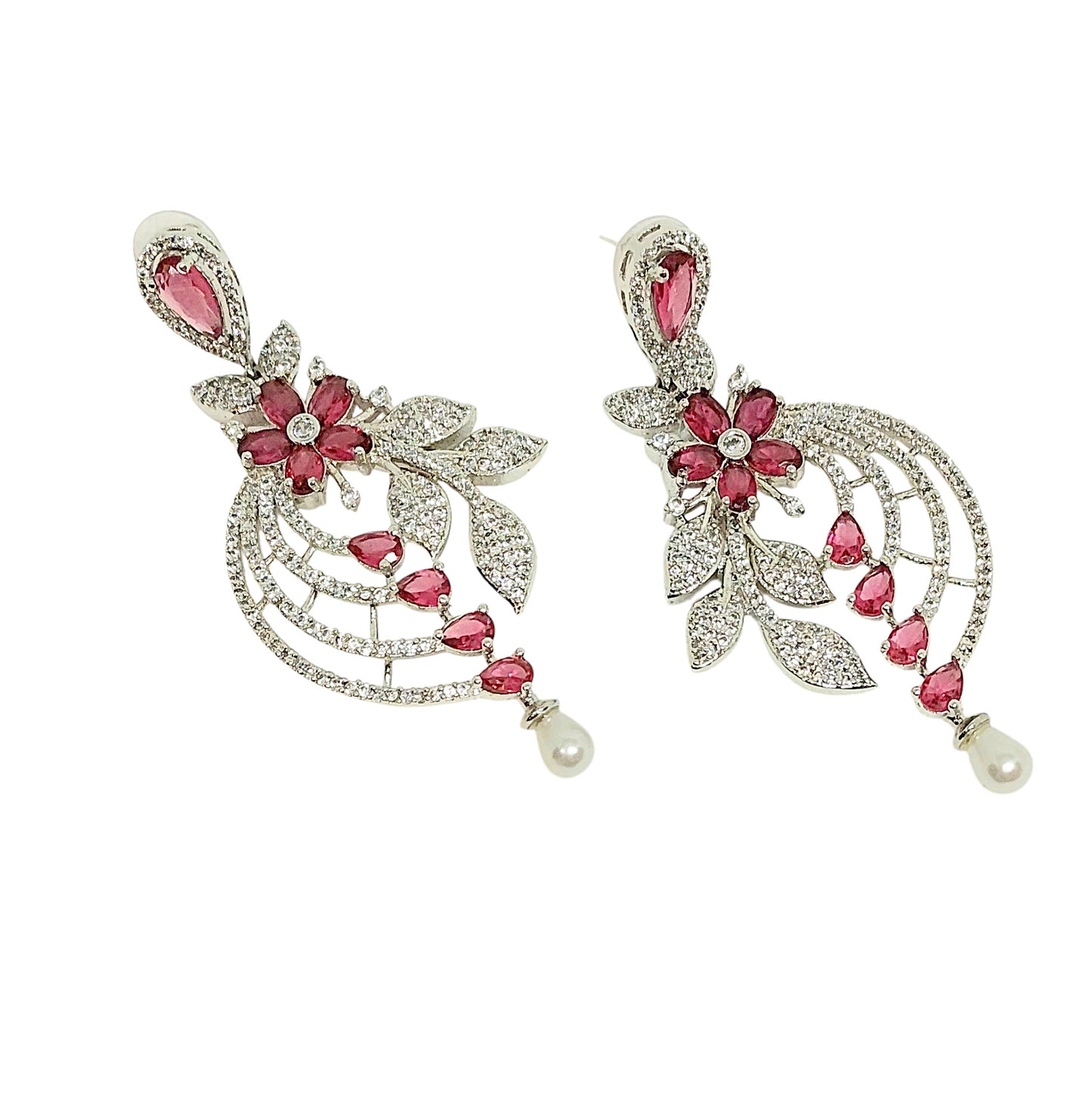 Gul Warun Crystal Floral Cascade Earrings with Teardrop Pearl GJ18