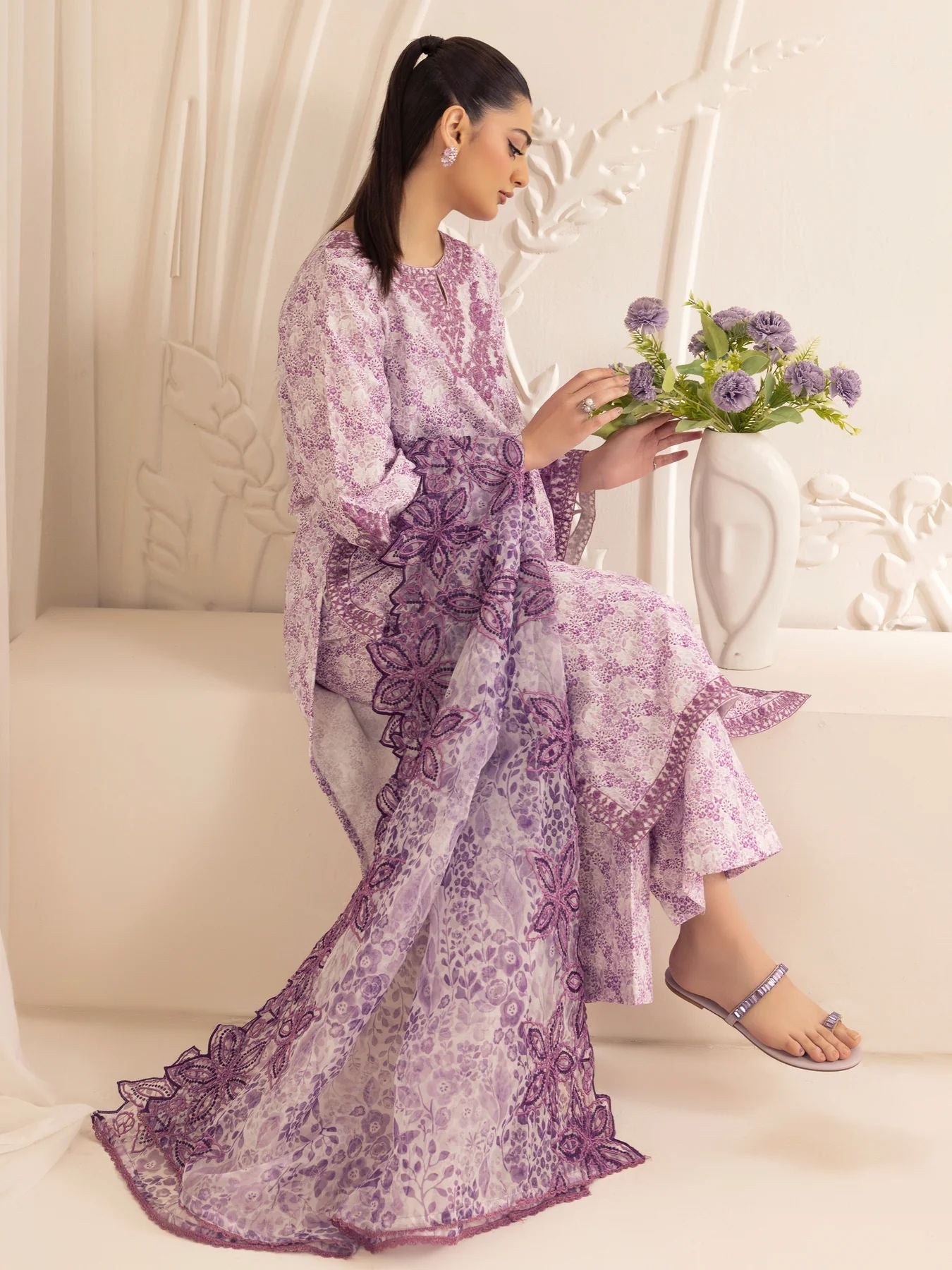 Muse01 - Lavender Elegance | 3pc Silk Lawn Printed & Embroidered Suit by Mohagni