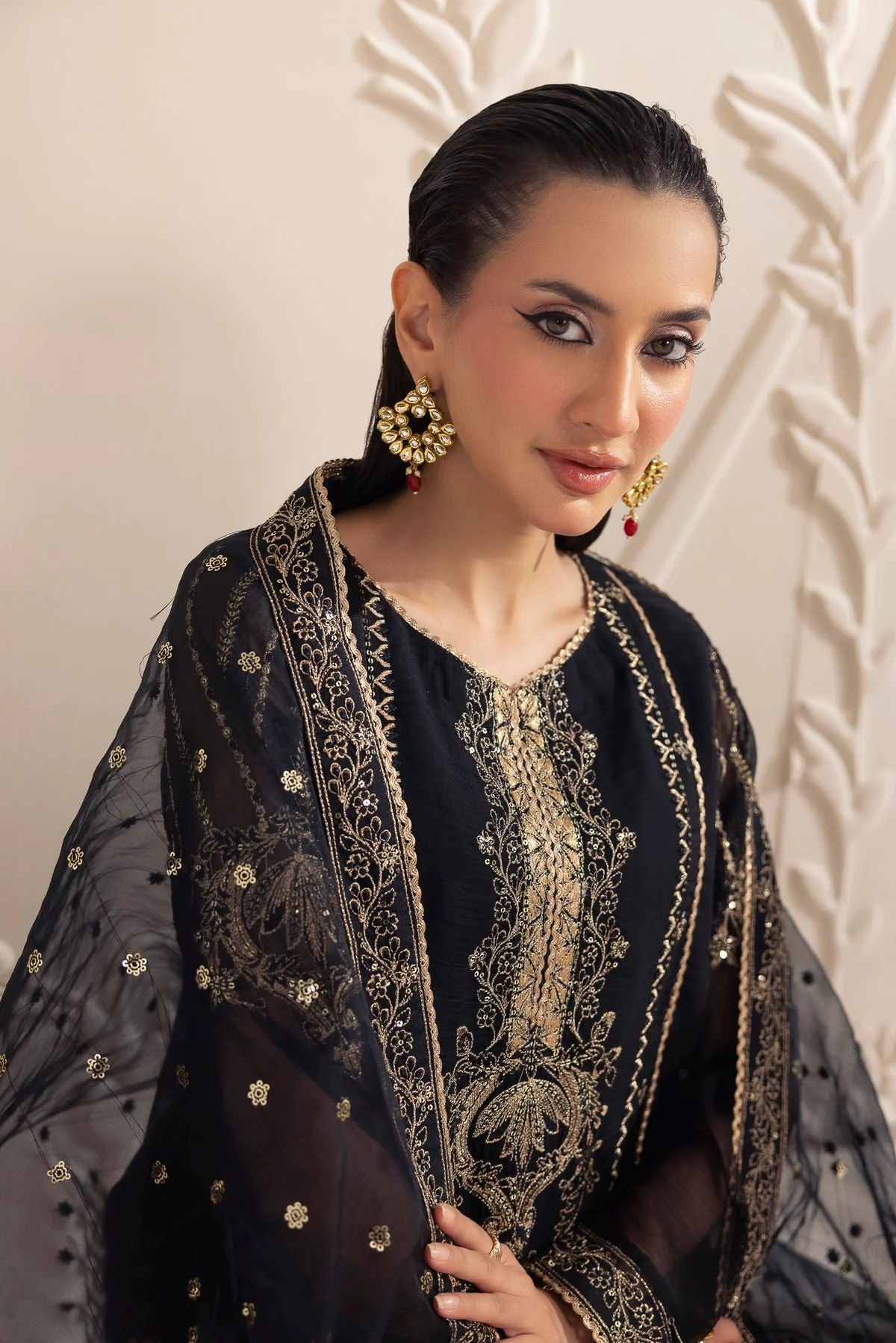 Muse11 - Ready to Wear Black Chiffon & Raw Silk Embroidered Gharara Set by Mohagni