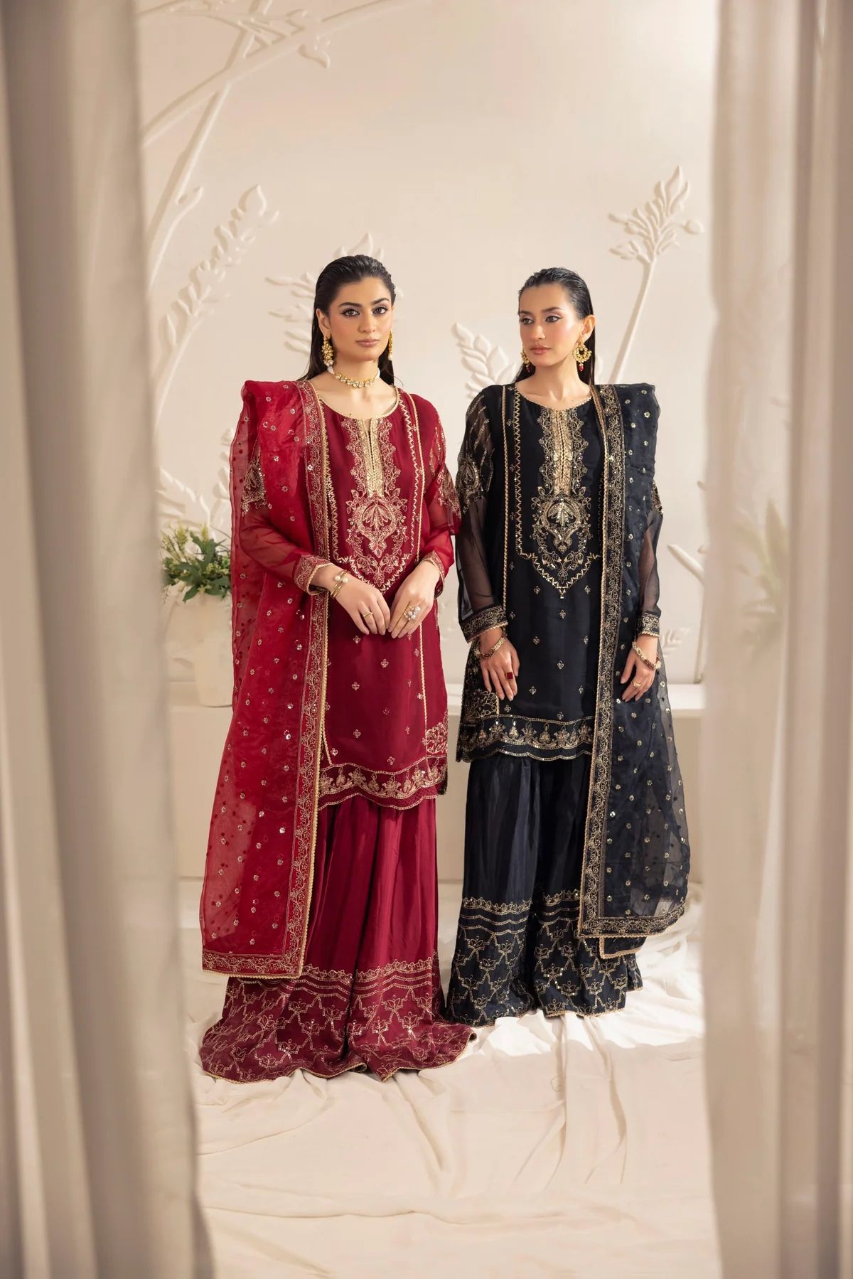 Muse11 - Ready to Wear Black Chiffon & Raw Silk Embroidered Gharara Set by Mohagni