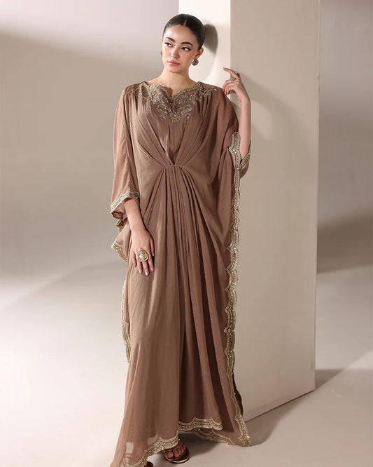 Starstruck by Ain – Mocha Zari Chiffon Embroidered Cape with Crystals SBA6