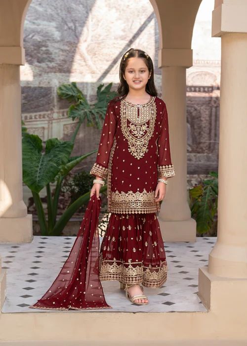 Festive Maroon Gharara Dress for Girls by Mona FMGC1
