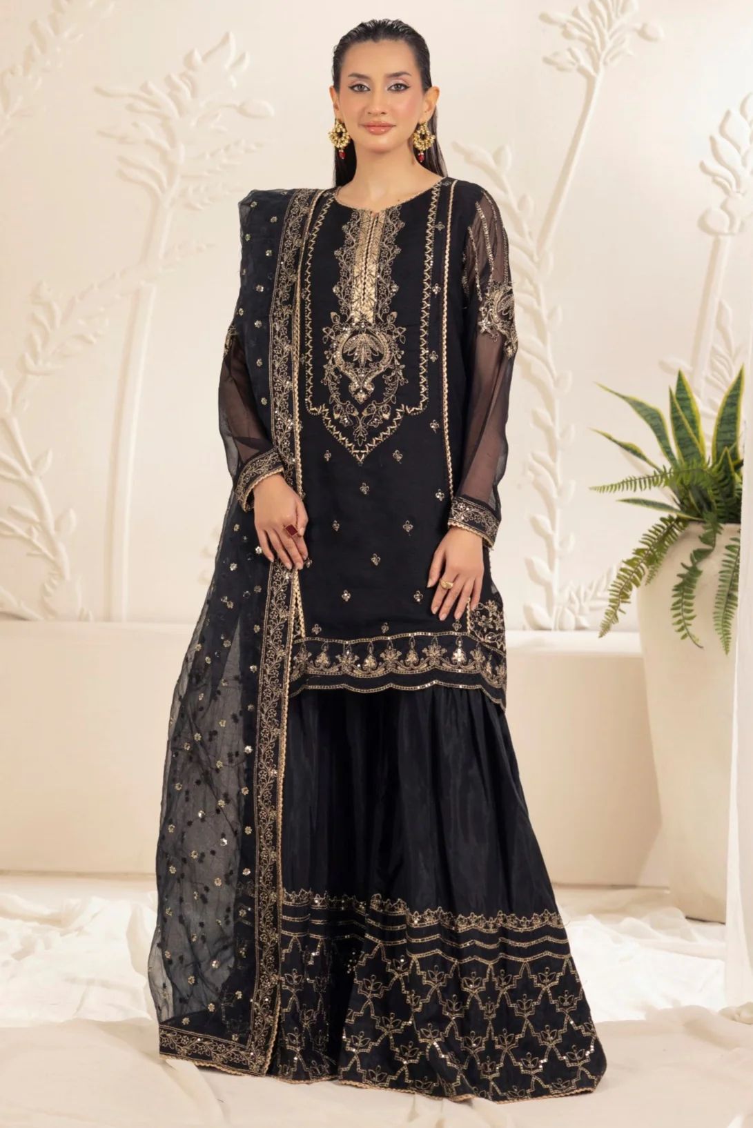 Muse11 - Ready to Wear Black Chiffon & Raw Silk Embroidered Gharara Set by Mohagni