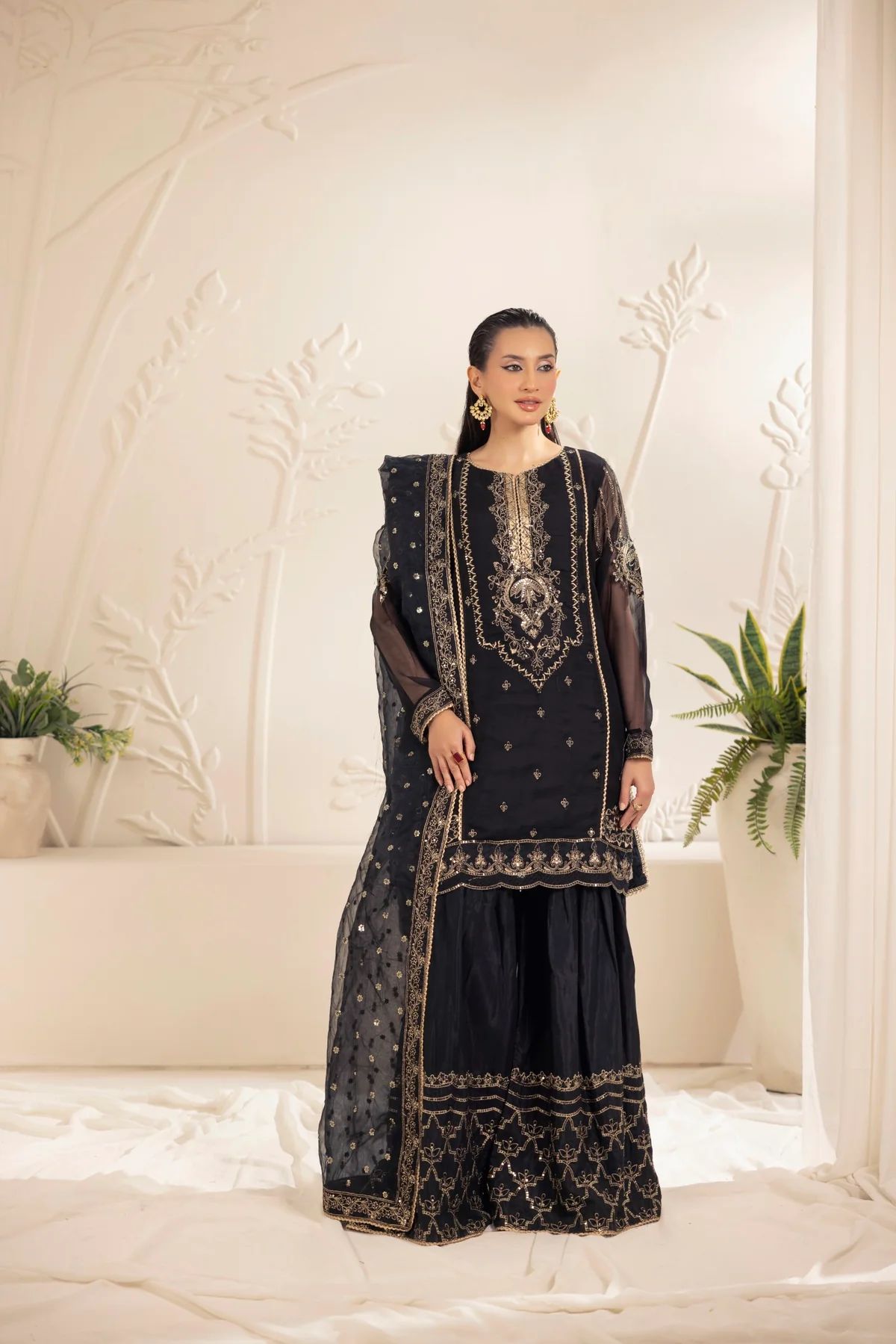 Muse11 - Ready to Wear Black Chiffon & Raw Silk Embroidered Gharara Set by Mohagni