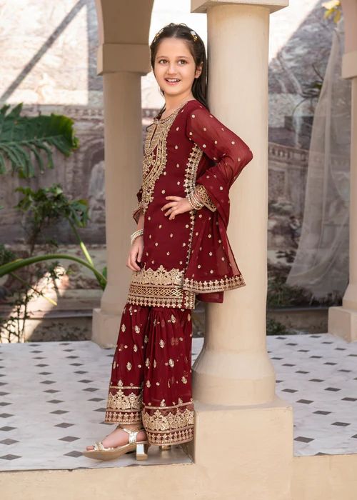Festive Maroon Gharara Dress for Girls by Mona FMGC1