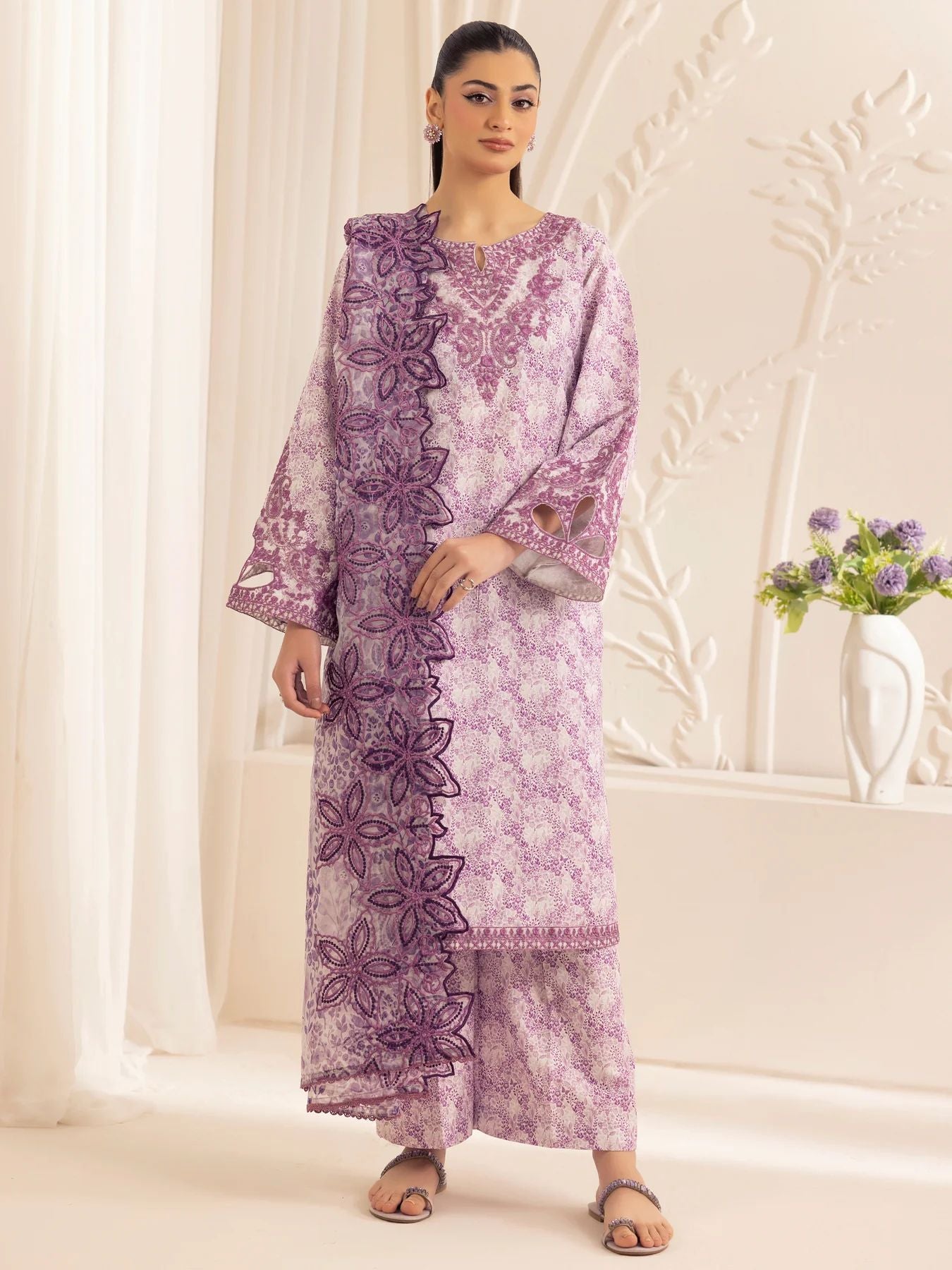 Muse01 - Lavender Elegance | 3pc Silk Lawn Printed & Embroidered Suit by Mohagni