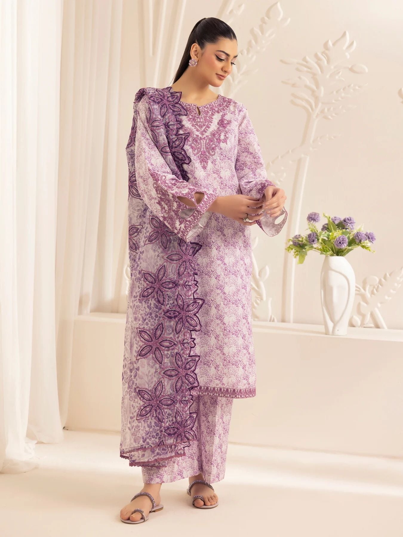 Muse01 - Lavender Elegance | 3pc Silk Lawn Printed & Embroidered Suit by Mohagni