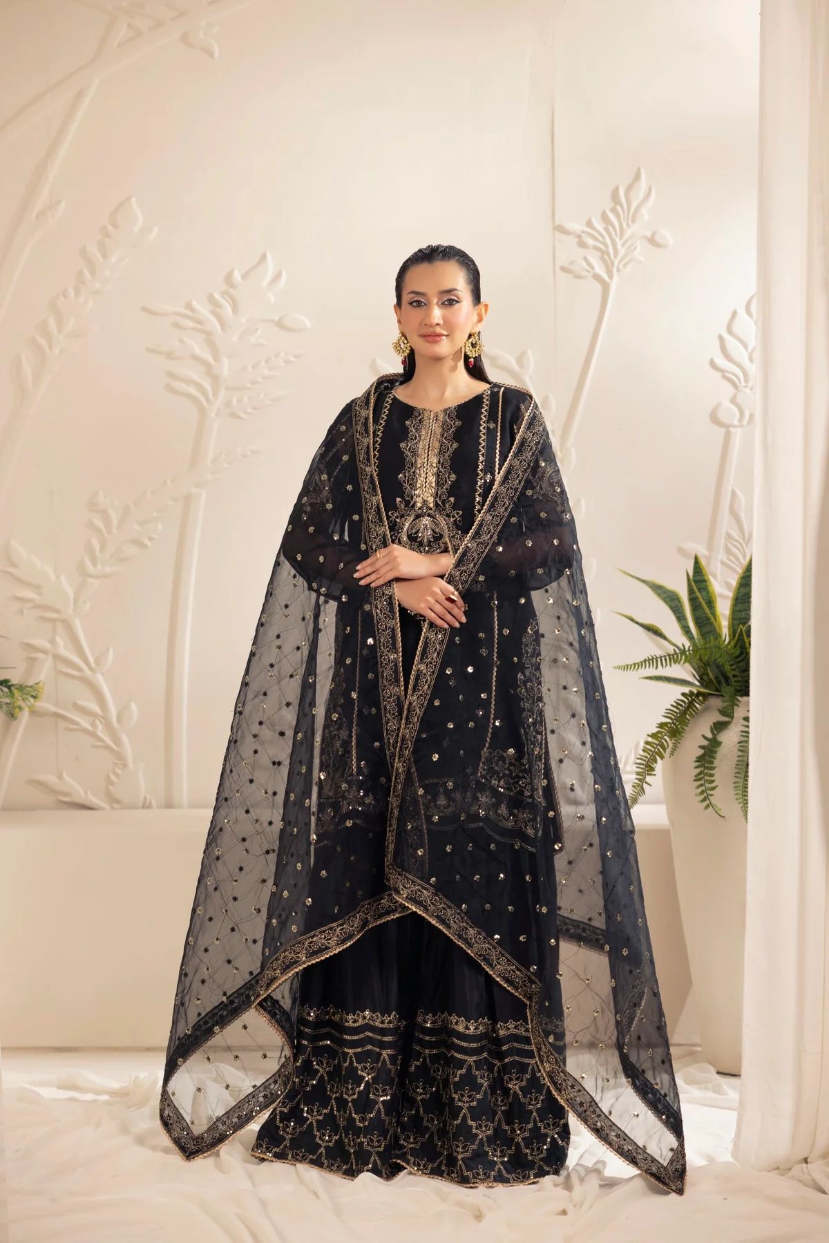 Muse11 - Ready to Wear Black Chiffon & Raw Silk Embroidered Gharara Set by Mohagni