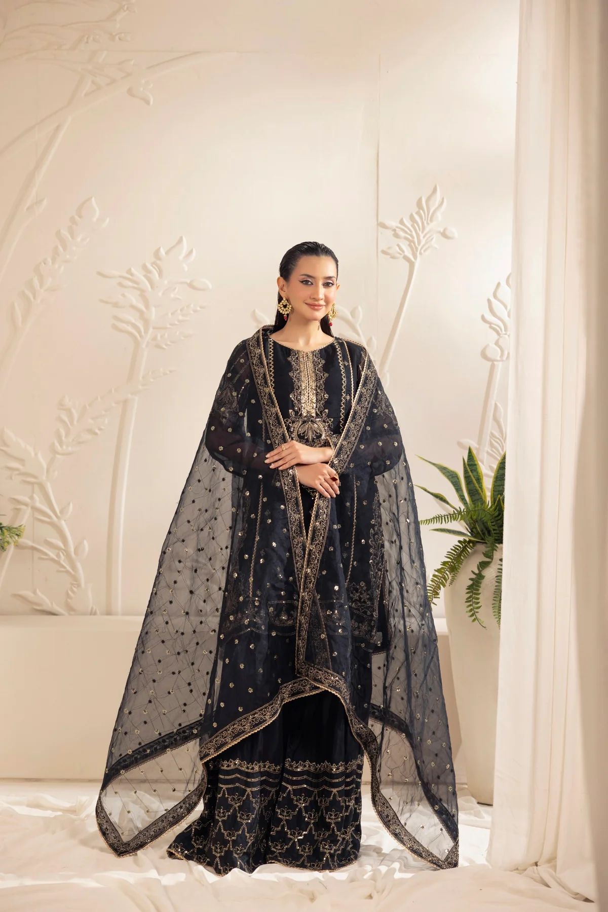 Muse11 - Ready to Wear Black Chiffon & Raw Silk Embroidered Gharara Set by Mohagni