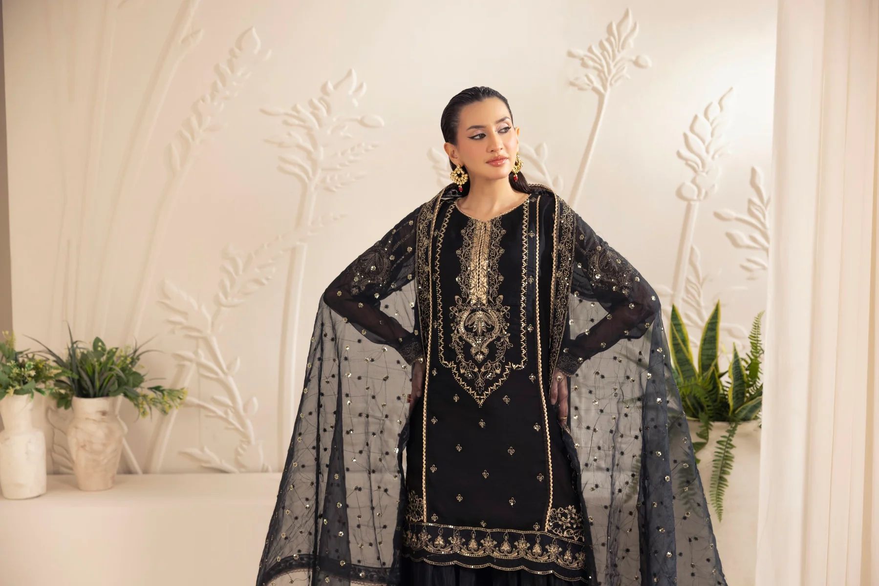 Muse11 - Ready to Wear Black Chiffon & Raw Silk Embroidered Gharara Set by Mohagni
