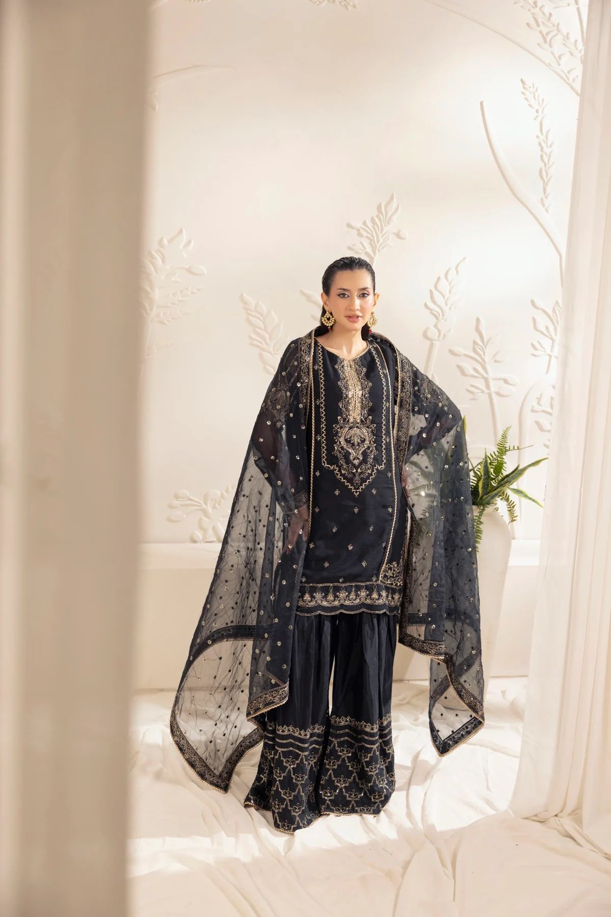 Muse11 - Ready to Wear Black Chiffon & Raw Silk Embroidered Gharara Set by Mohagni