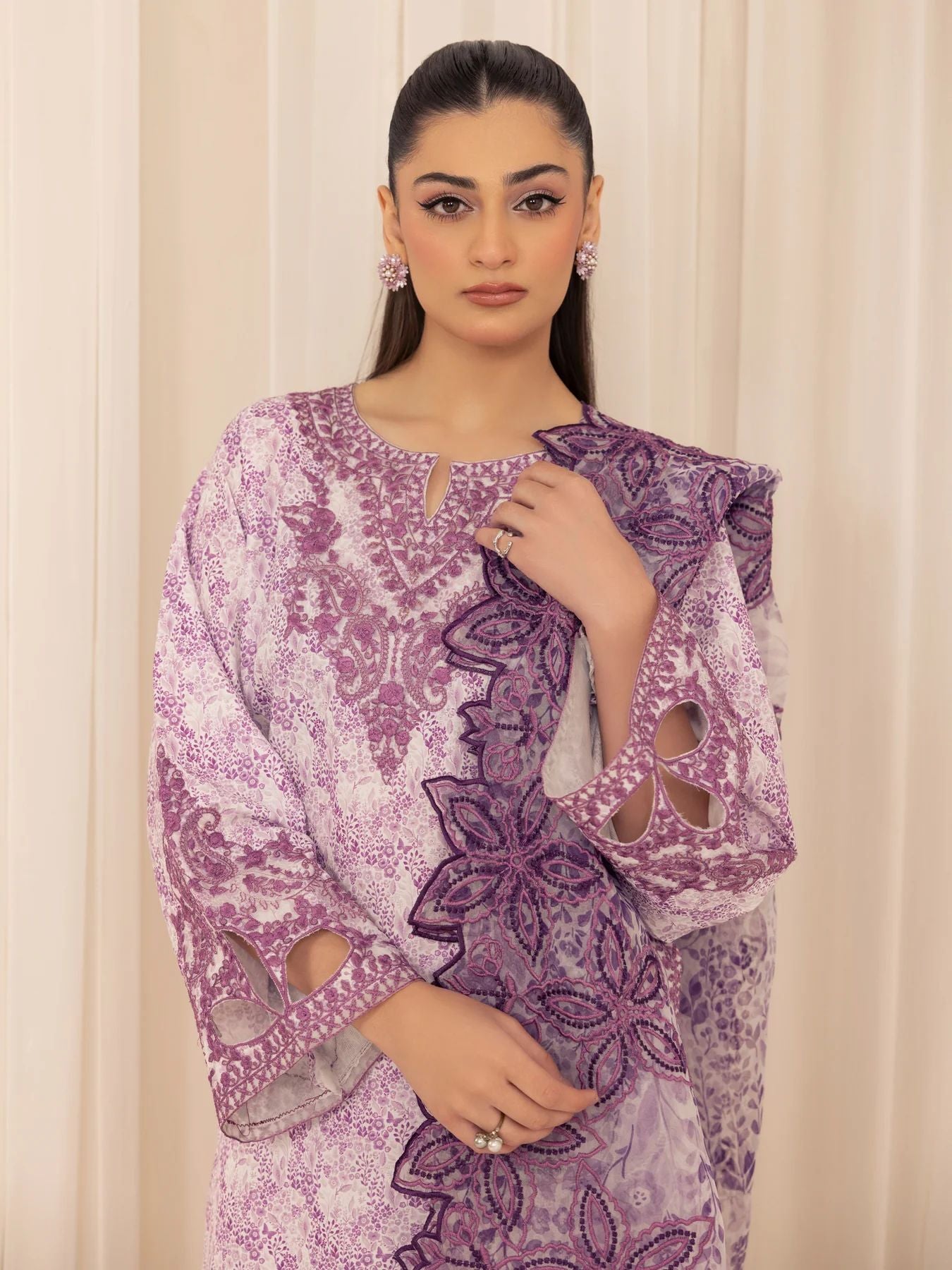 Muse01 - Lavender Elegance | 3pc Silk Lawn Printed & Embroidered Suit by Mohagni