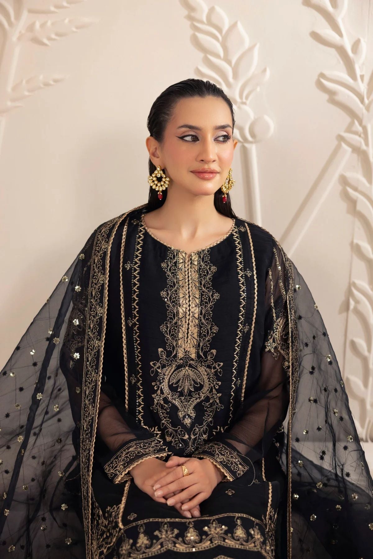 Muse11 - Ready to Wear Black Chiffon & Raw Silk Embroidered Gharara Set by Mohagni