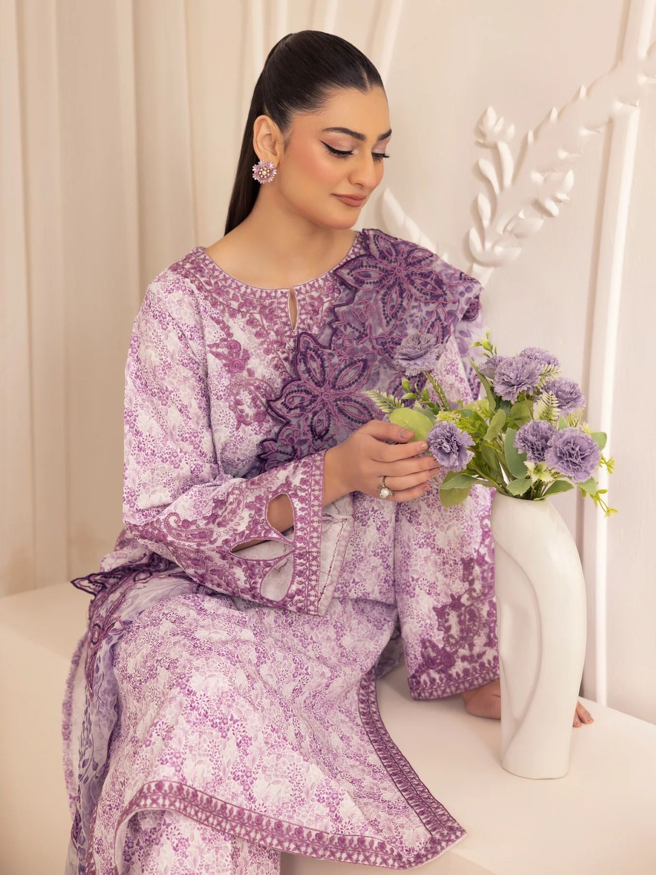 Muse01 - Lavender Elegance | 3pc Silk Lawn Printed & Embroidered Suit by Mohagni