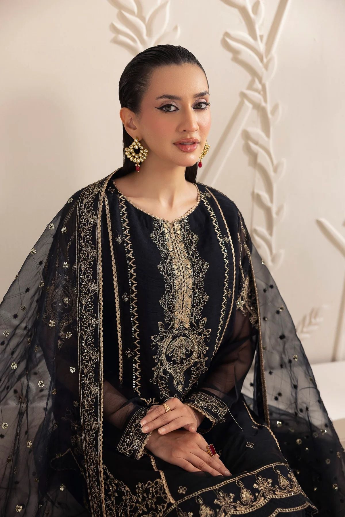 Muse11 - Ready to Wear Black Chiffon & Raw Silk Embroidered Gharara Set by Mohagni