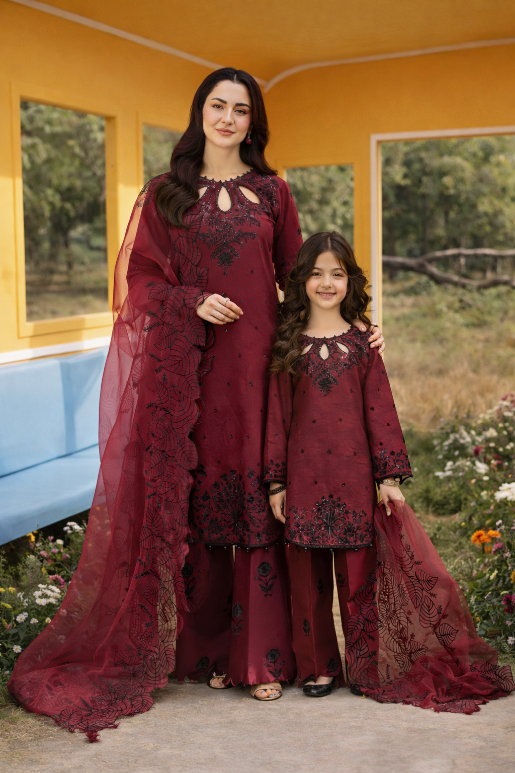 Hania’s Eid Twinning Charm by Mona – Berry Chikankari Jacquard HEC15