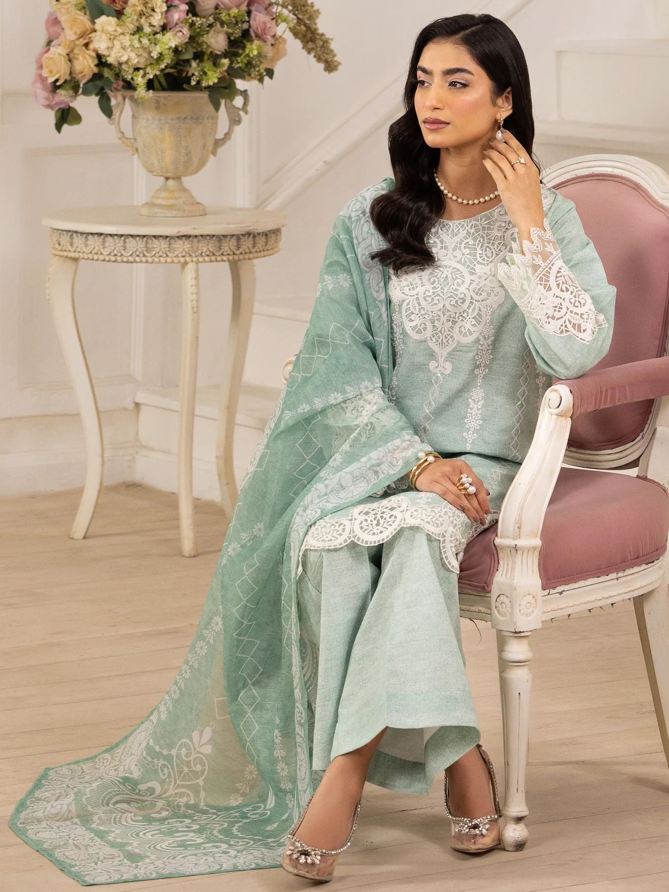 Muse10 – Mint Elegance | 3pc Printed Silk Lawn Suit with Embroidered Patch & Monar Dupatta by Mohagni