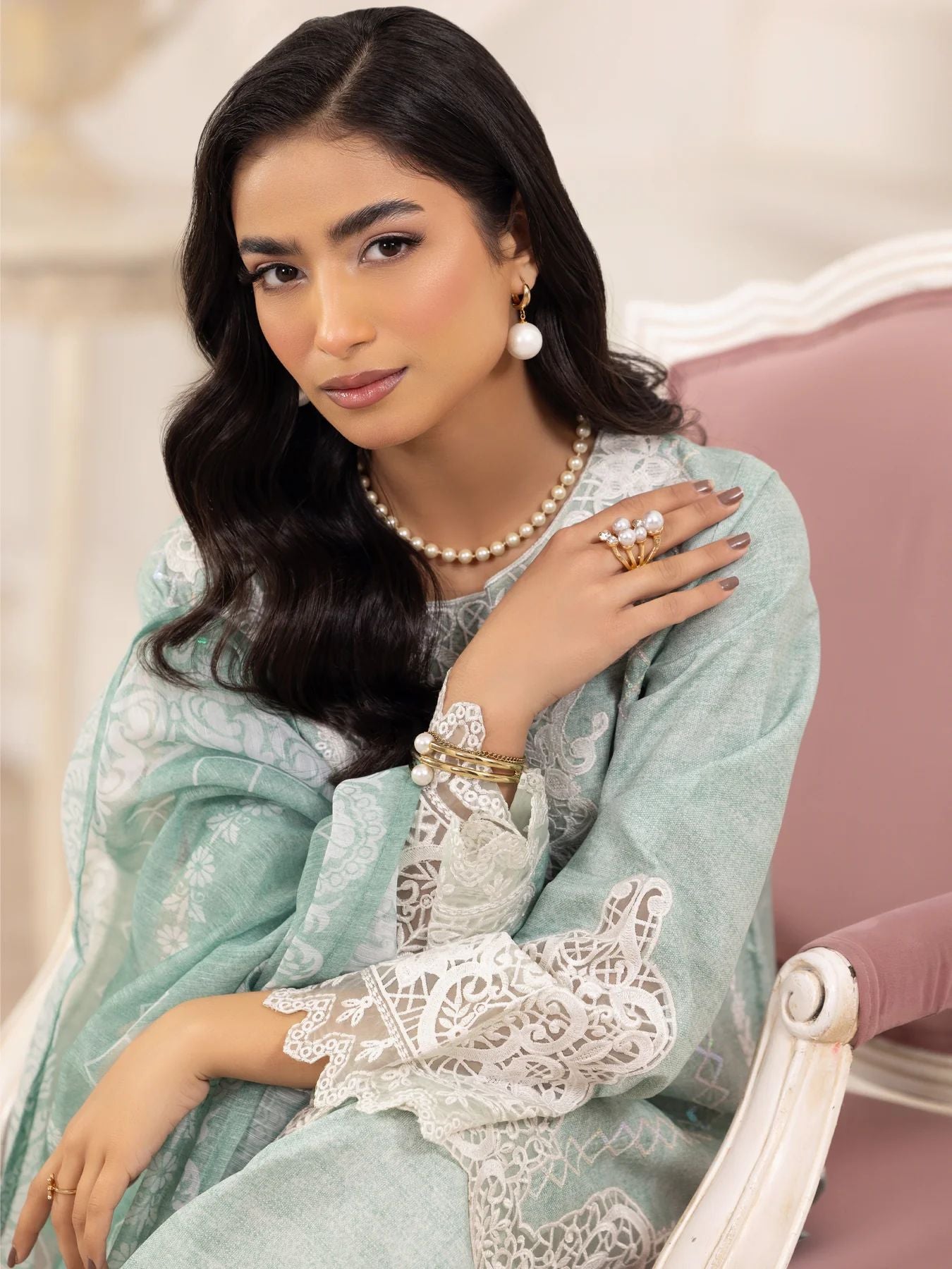 Muse10 – Mint Elegance | 3pc Printed Silk Lawn Suit with Embroidered Patch & Monar Dupatta by Mohagni