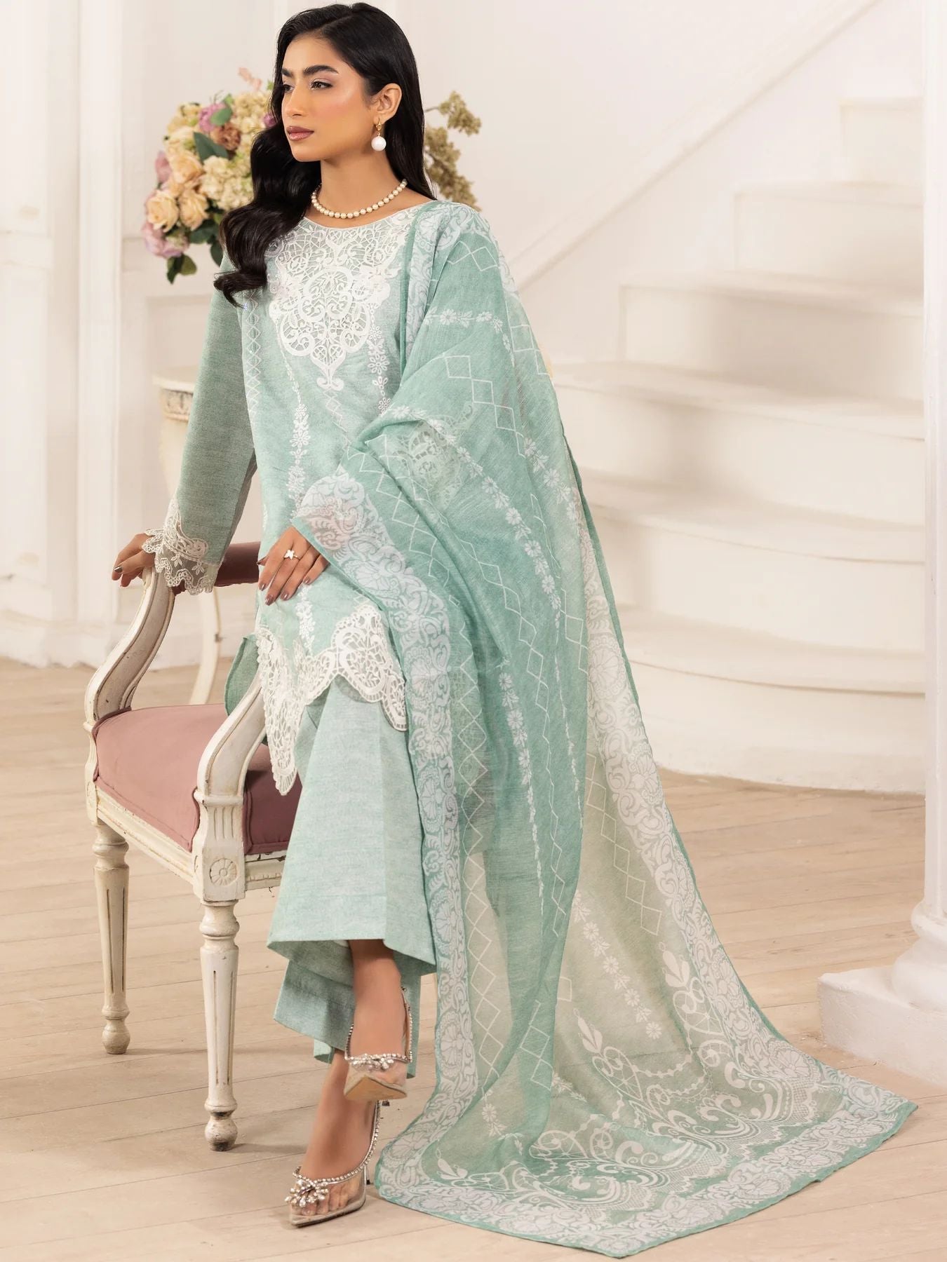 Muse10 – Mint Elegance | 3pc Printed Silk Lawn Suit with Embroidered Patch & Monar Dupatta by Mohagni