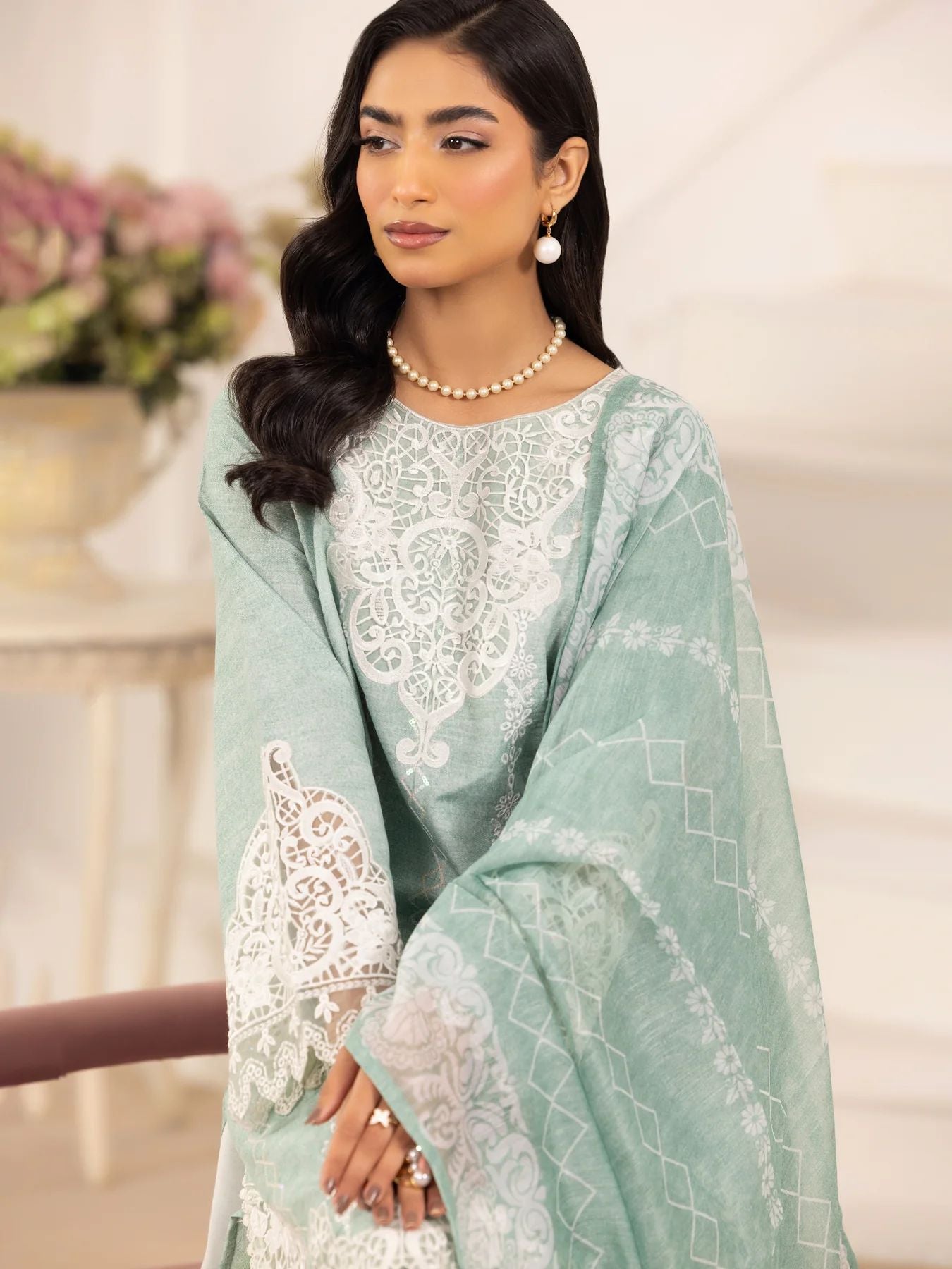 Muse10 – Mint Elegance | 3pc Printed Silk Lawn Suit with Embroidered Patch & Monar Dupatta by Mohagni