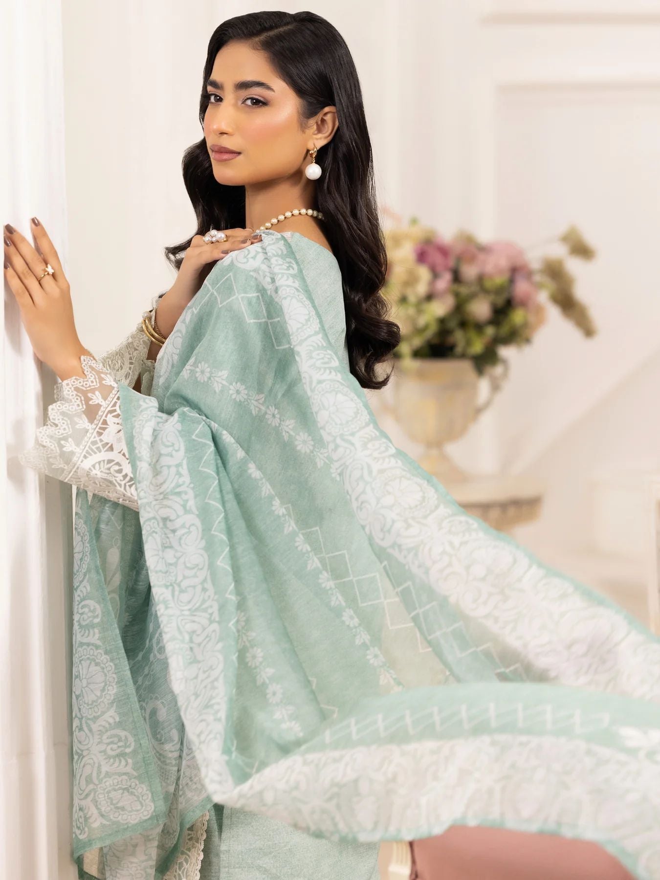 Muse10 – Mint Elegance | 3pc Printed Silk Lawn Suit with Embroidered Patch & Monar Dupatta by Mohagni