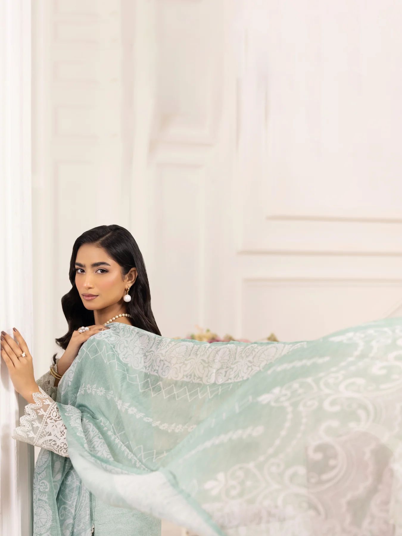 Muse10 – Mint Elegance | 3pc Printed Silk Lawn Suit with Embroidered Patch & Monar Dupatta by Mohagni