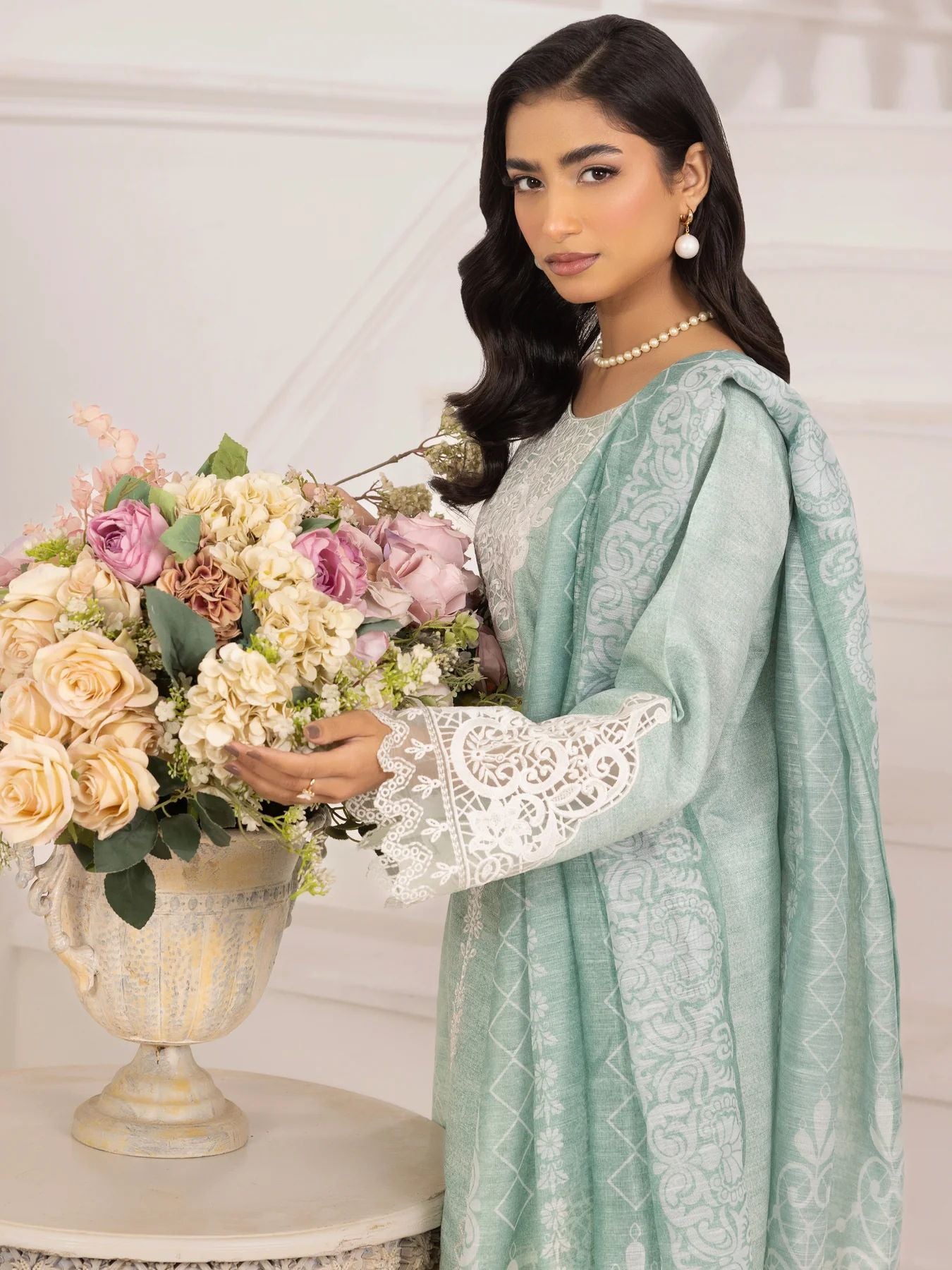 Muse10 – Mint Elegance | 3pc Printed Silk Lawn Suit with Embroidered Patch & Monar Dupatta by Mohagni