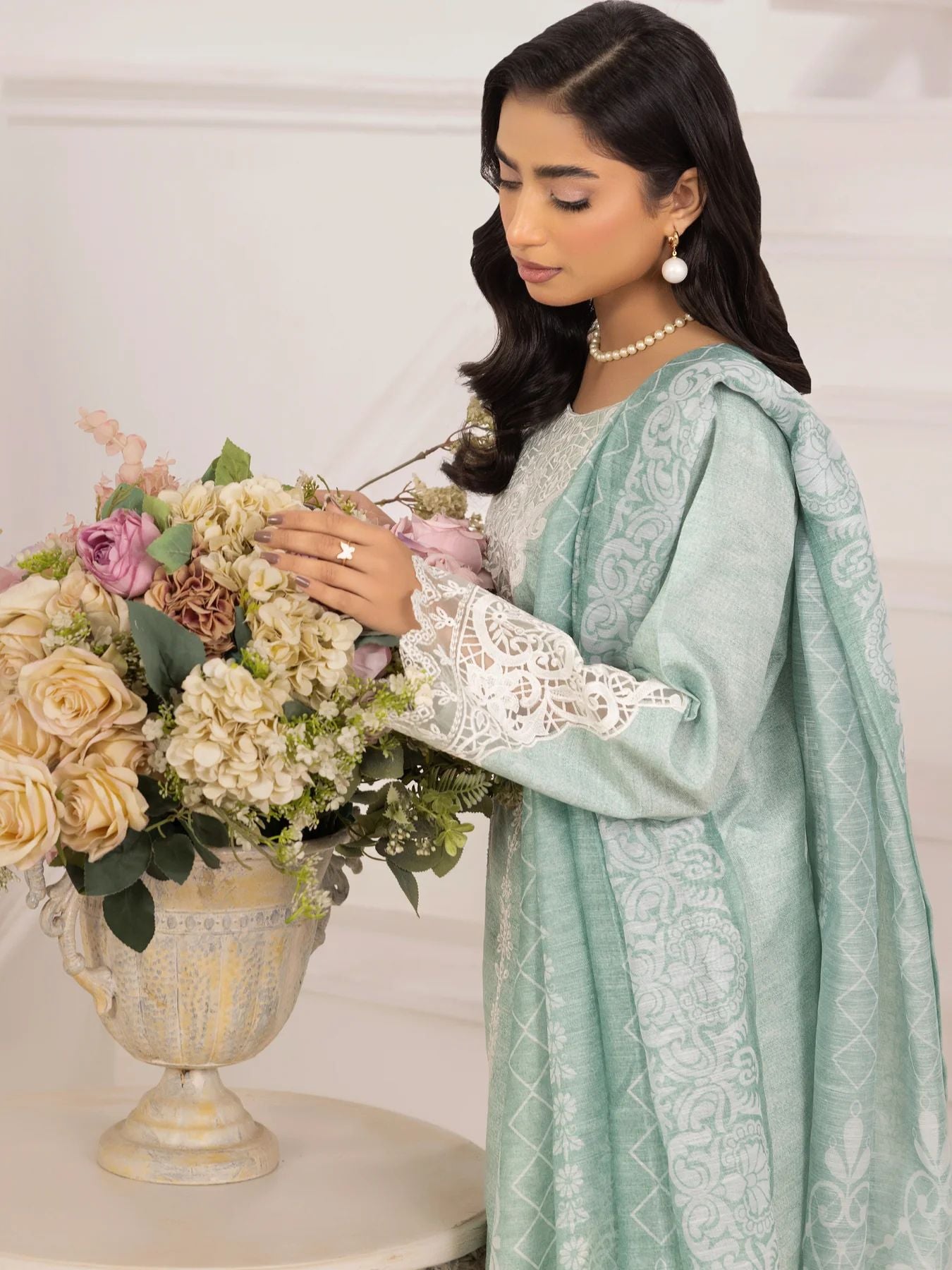 Muse10 – Mint Elegance | 3pc Printed Silk Lawn Suit with Embroidered Patch & Monar Dupatta by Mohagni