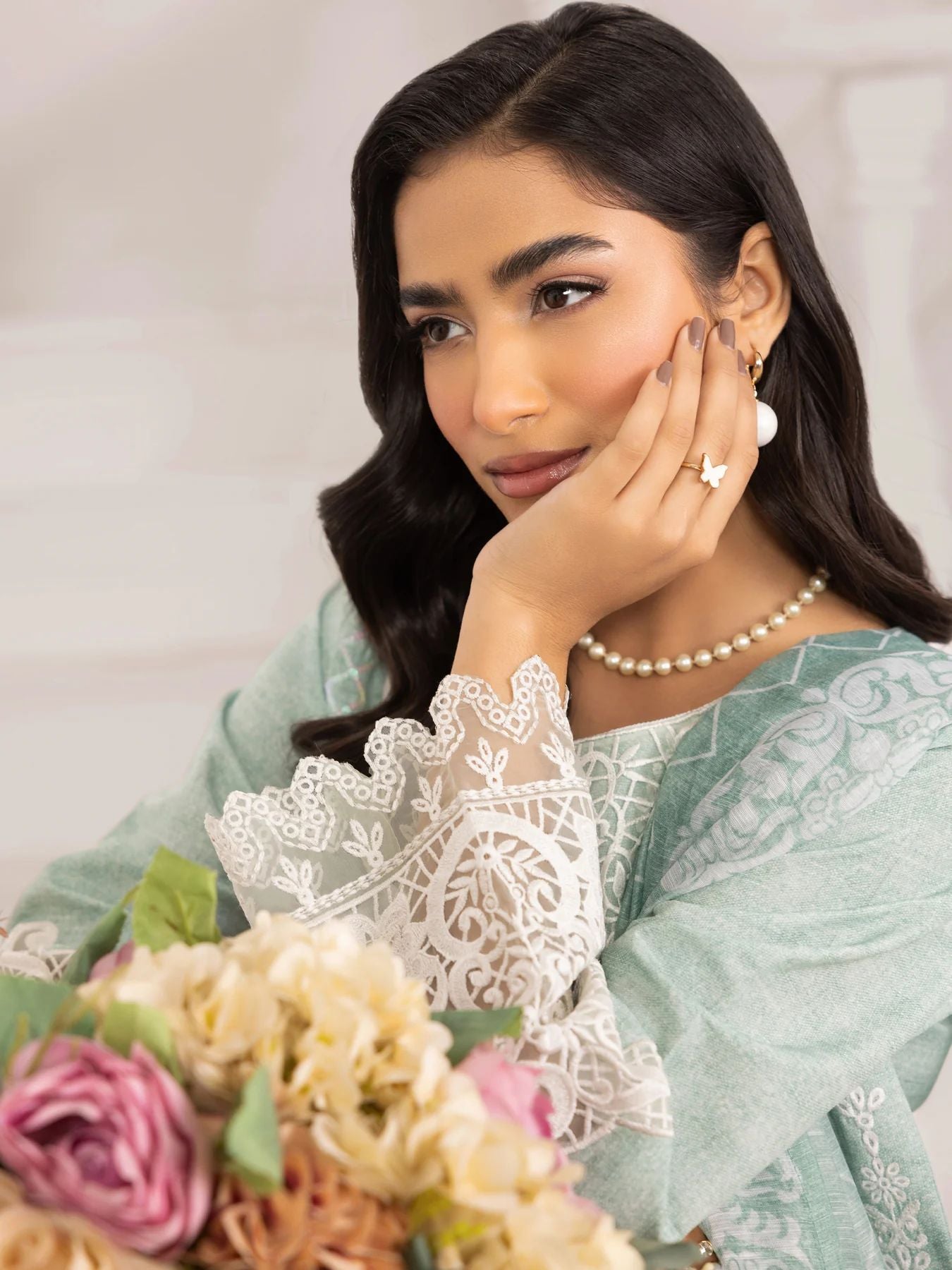 Muse10 – Mint Elegance | 3pc Printed Silk Lawn Suit with Embroidered Patch & Monar Dupatta by Mohagni