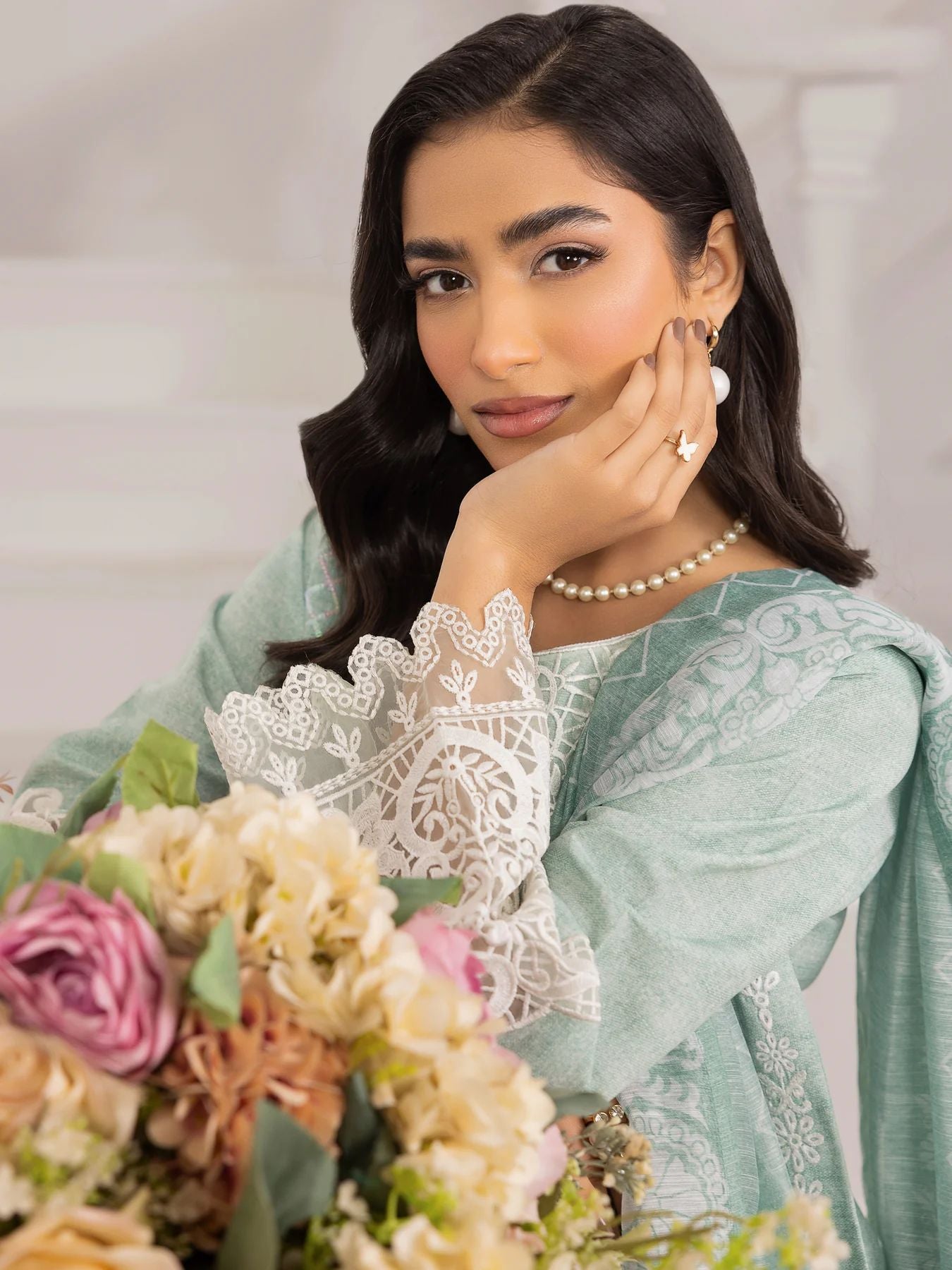 Muse10 – Mint Elegance | 3pc Printed Silk Lawn Suit with Embroidered Patch & Monar Dupatta by Mohagni