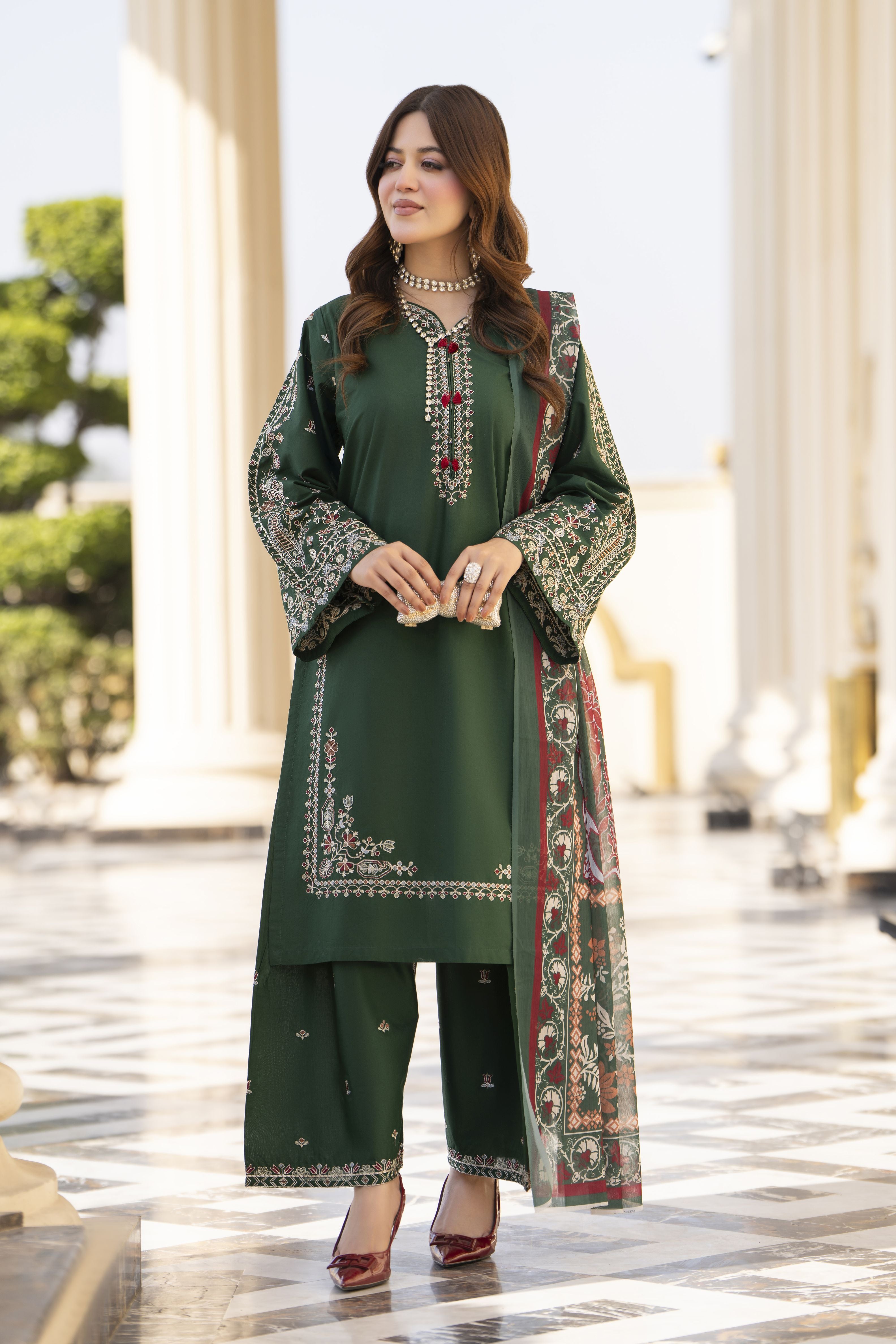 Khushi by Silver Bottle Green – 3pc Embroidered Cotton Shalwar Suit KBS13