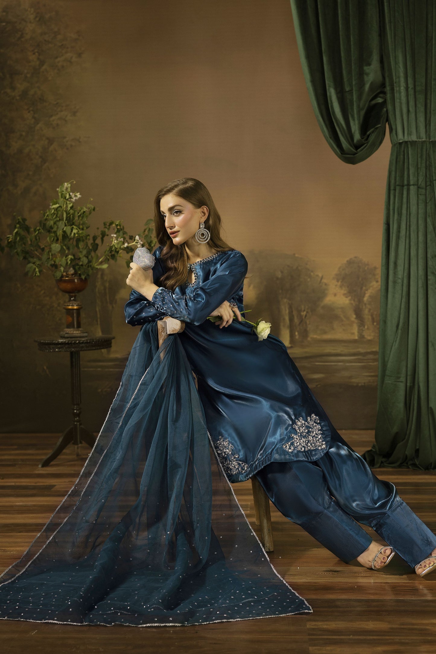 Midnight Blue Silk Farshi Shalwar Pakistani Dress - Farshi Bahaar by Mona FBM7