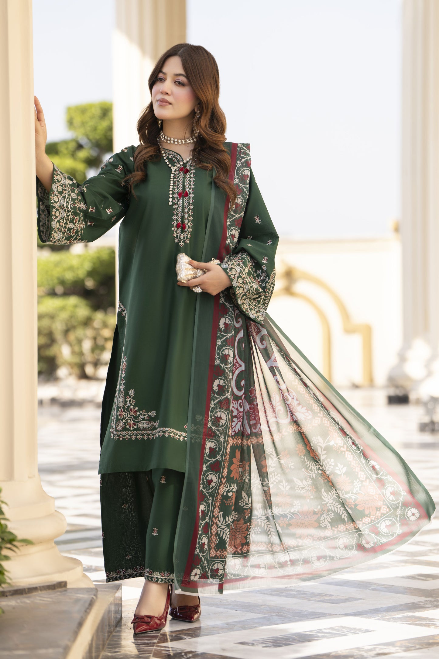 Khushi by Silver Bottle Green – 3pc Embroidered Cotton Shalwar Suit KBS13