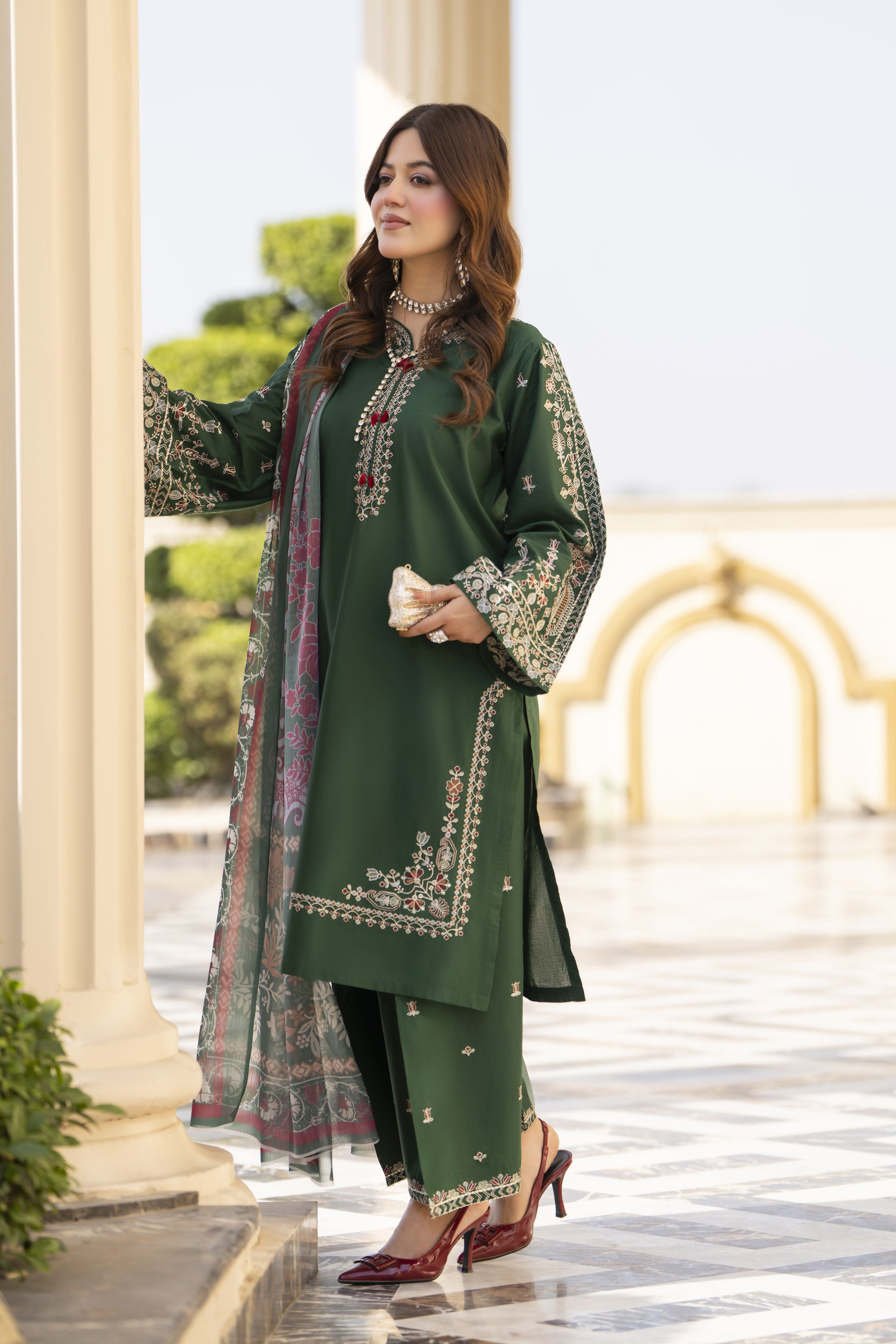 Khushi by Silver Bottle Green – 3pc Embroidered Cotton Shalwar Suit KBS13