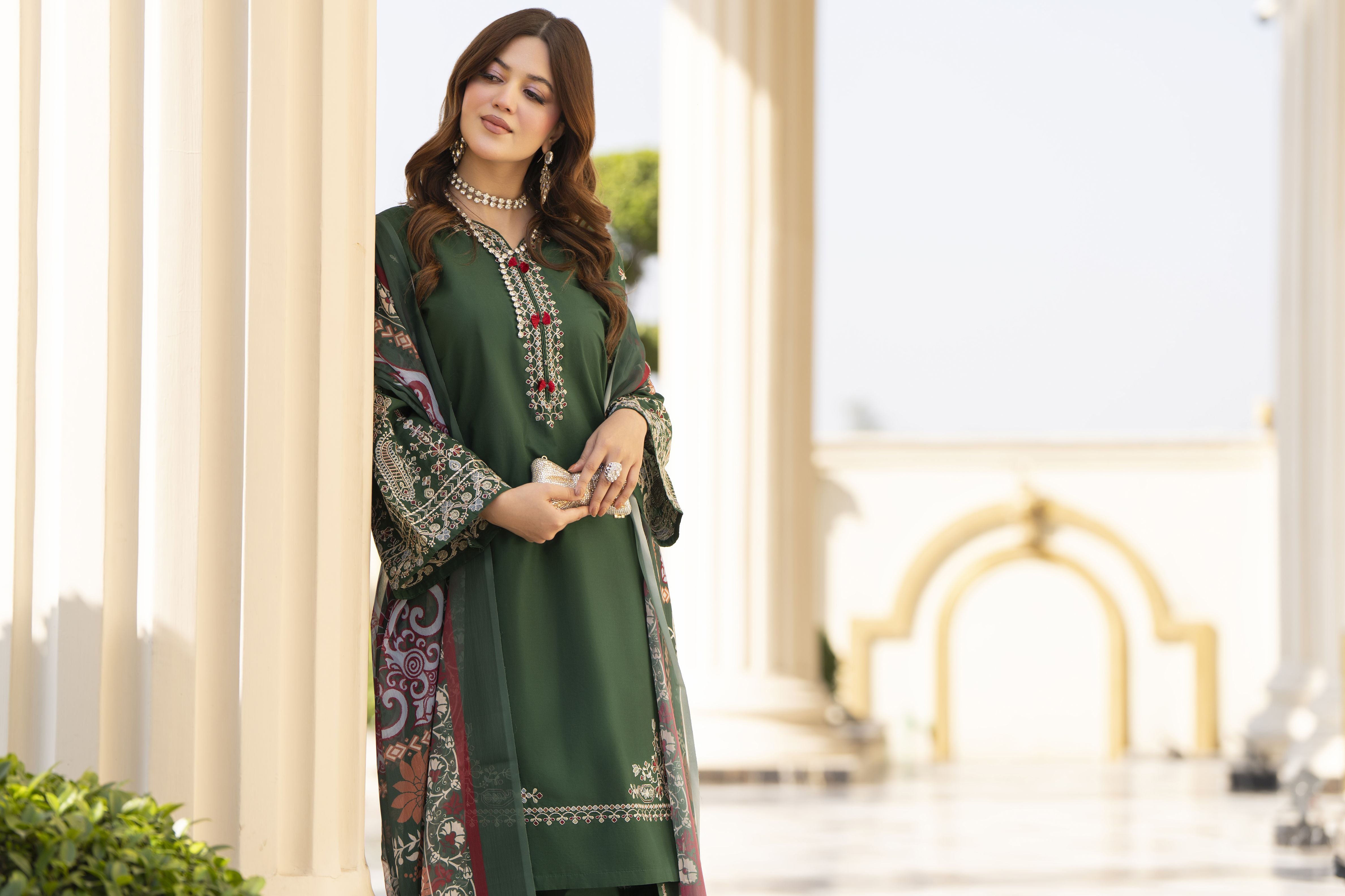 Khushi by Silver Bottle Green – 3pc Embroidered Cotton Shalwar Suit KBS13