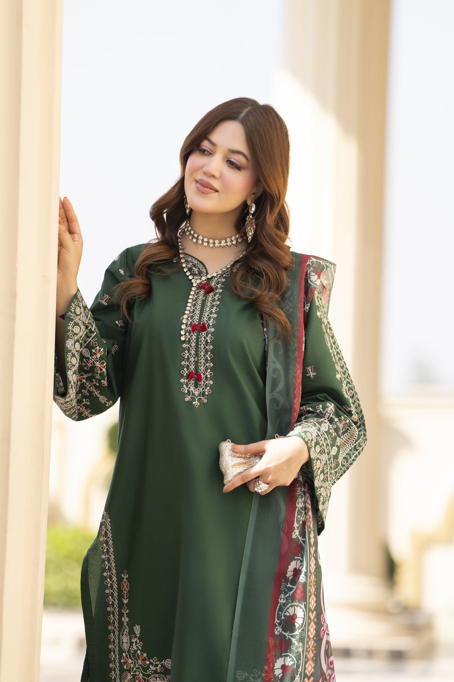 Khushi by Silver Bottle Green – 3pc Embroidered Cotton Shalwar Suit KBS13