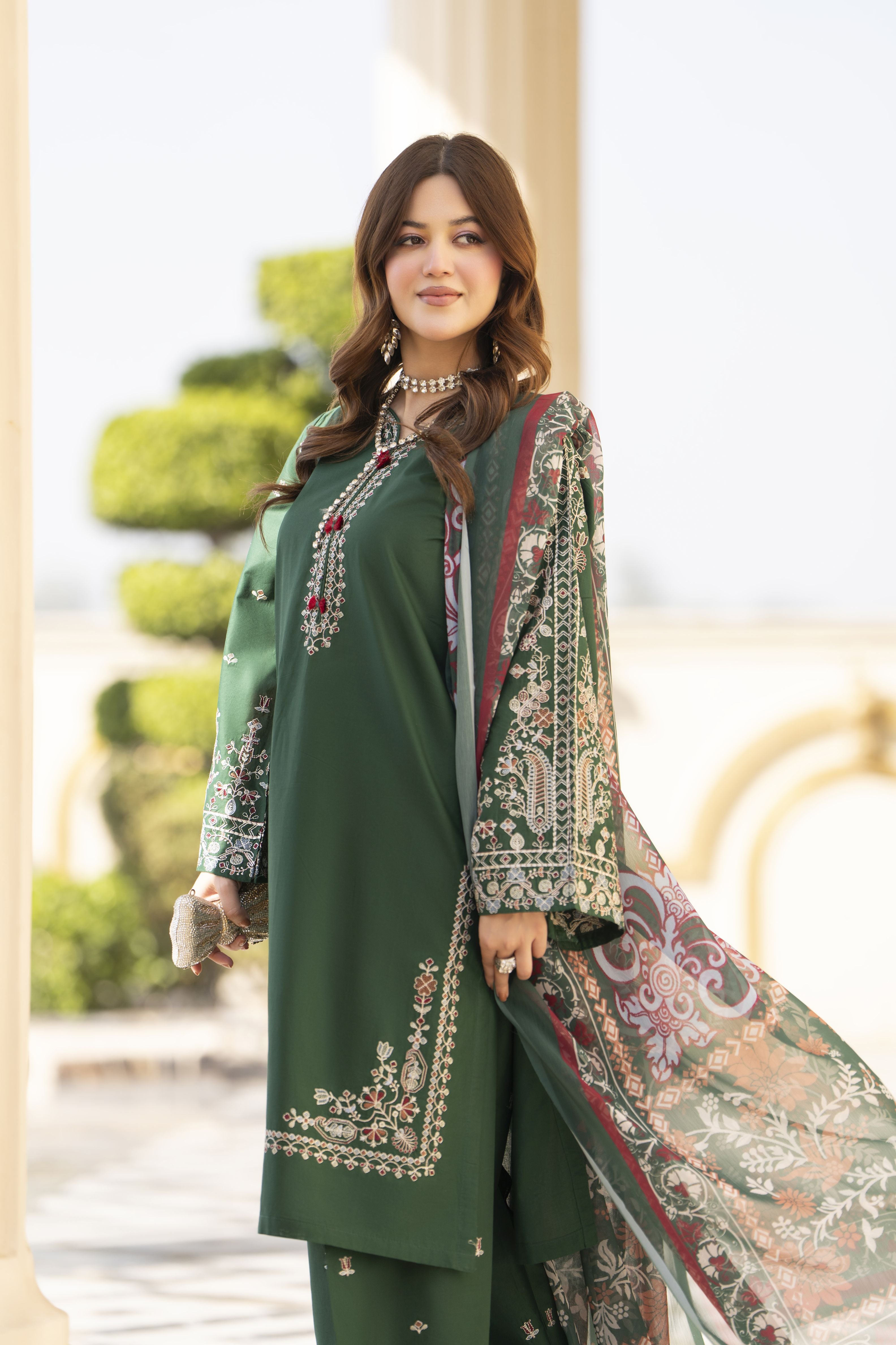 Khushi by Silver Bottle Green – 3pc Embroidered Cotton Shalwar Suit KBS13