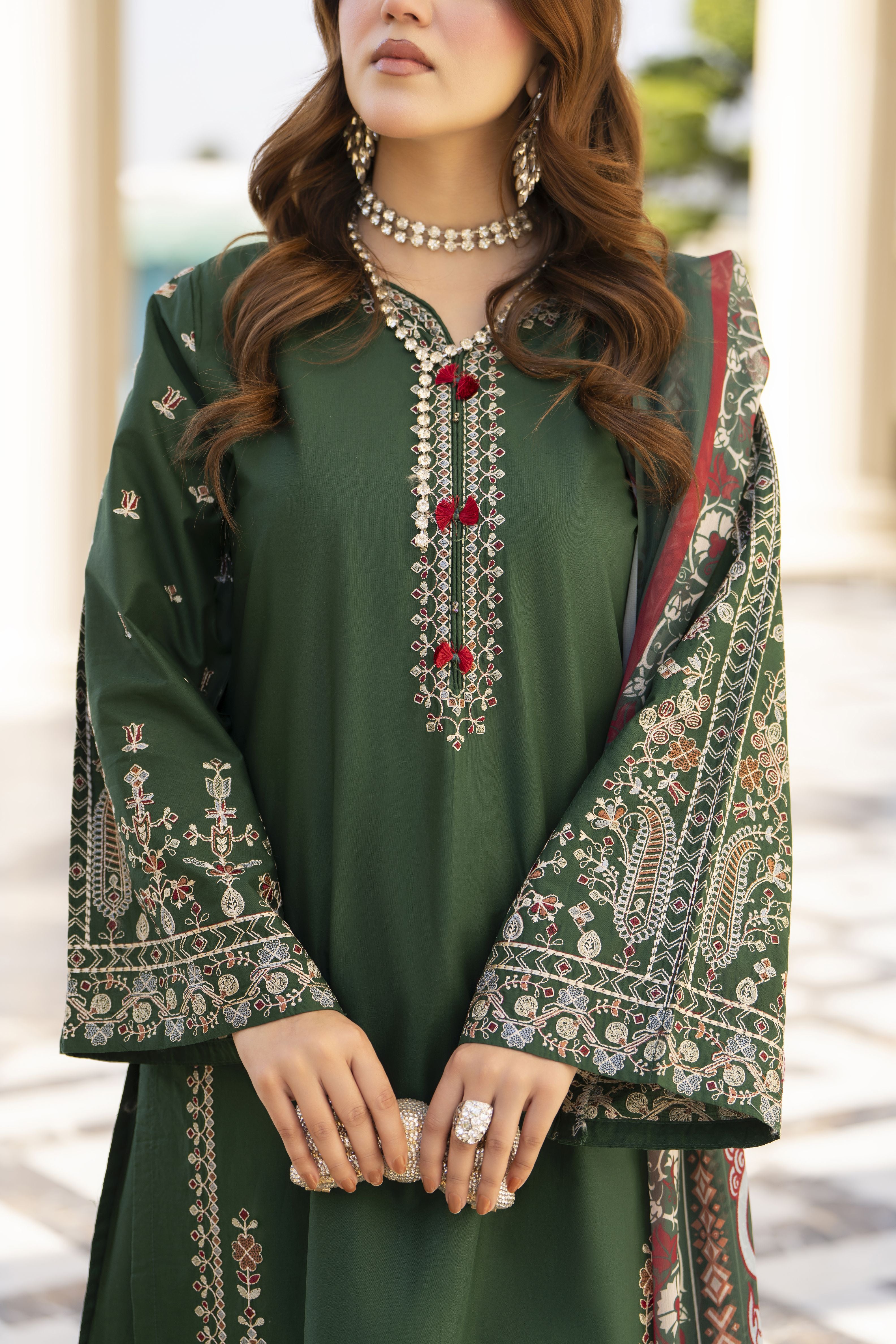 Khushi by Silver Bottle Green – 3pc Embroidered Cotton Shalwar Suit KBS13