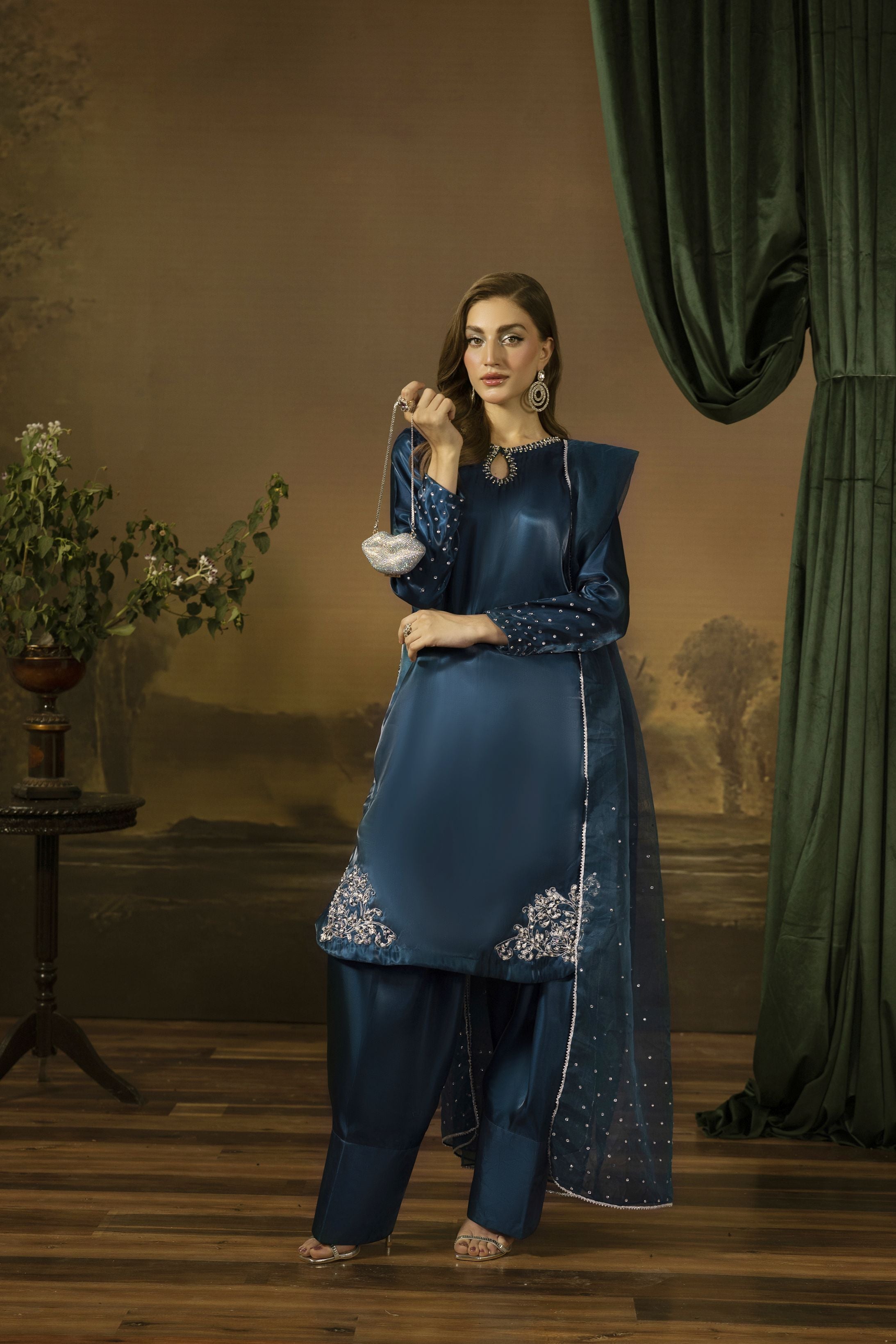 Midnight Blue Silk Farshi Shalwar Pakistani Dress - Farshi Bahaar by Mona FBM7