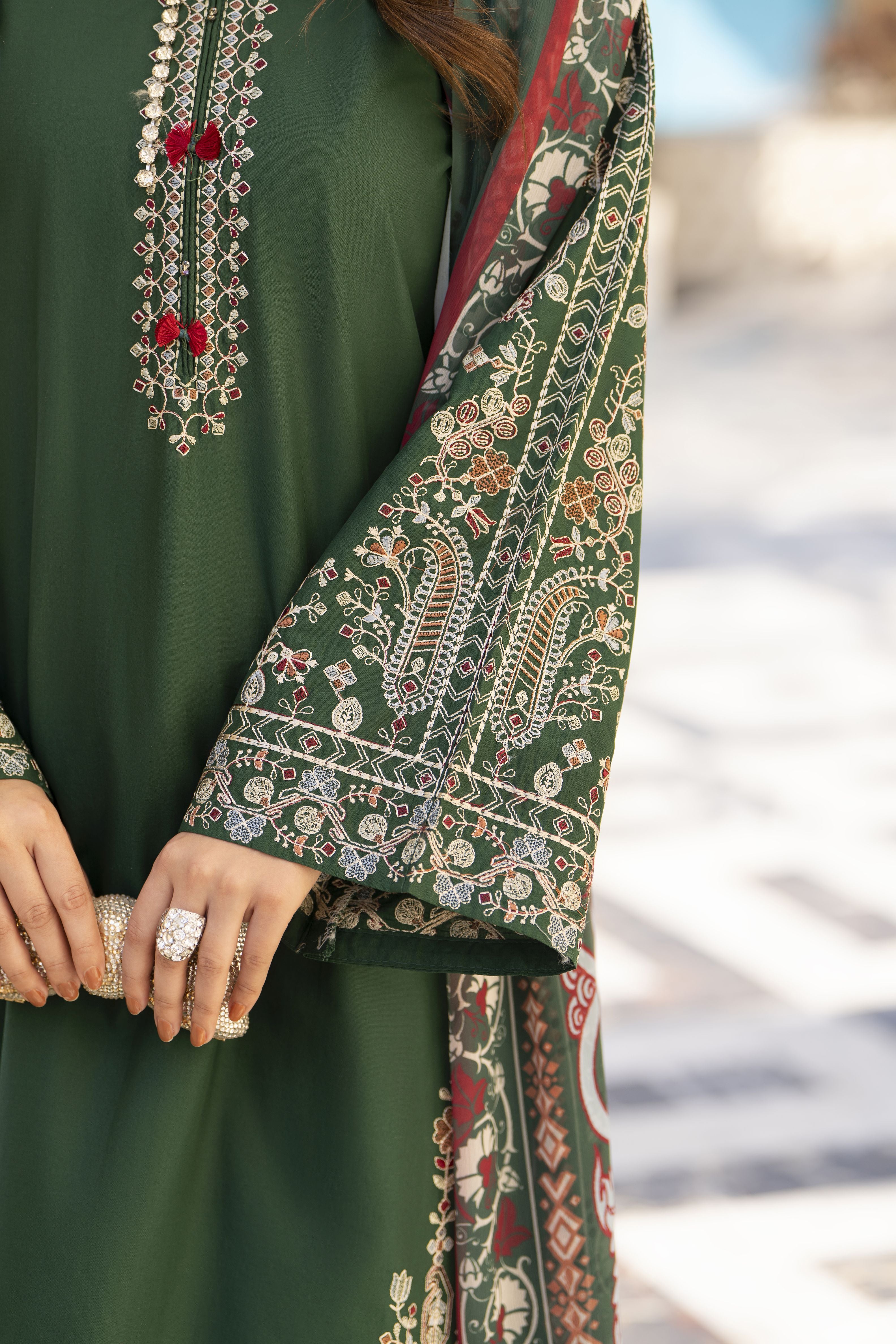 Khushi by Silver Bottle Green – 3pc Embroidered Cotton Shalwar Suit KBS13