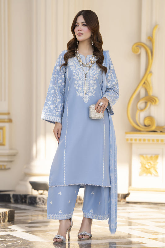 Khushi by Silver Sky Blue – 3pc Cotton Suit with Farshi Shalwar KBS10
