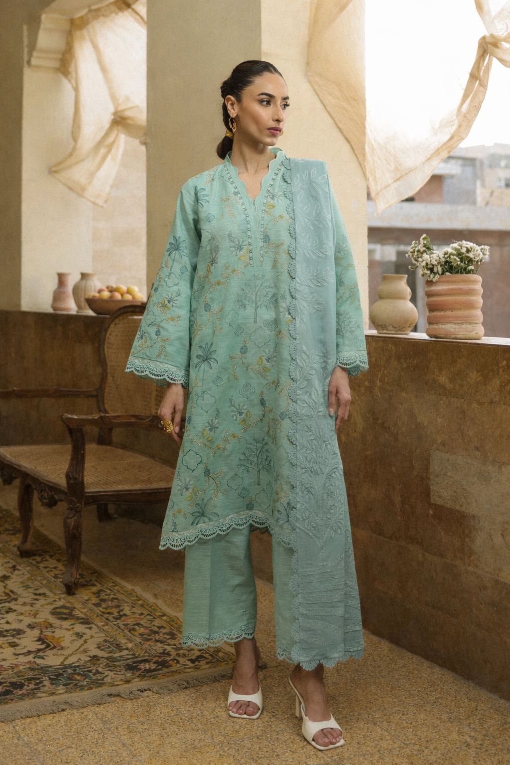 ZSA1 Ziya by Sahar Light Blue Embroidered Khaddar 3PC with Wool Shawl