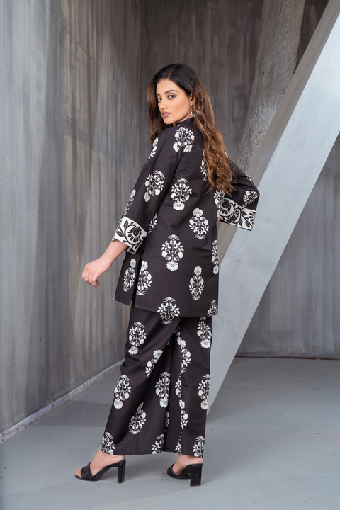NK Everyday Lawn Co-ords – Black & White Floral Block Print Set NKE10