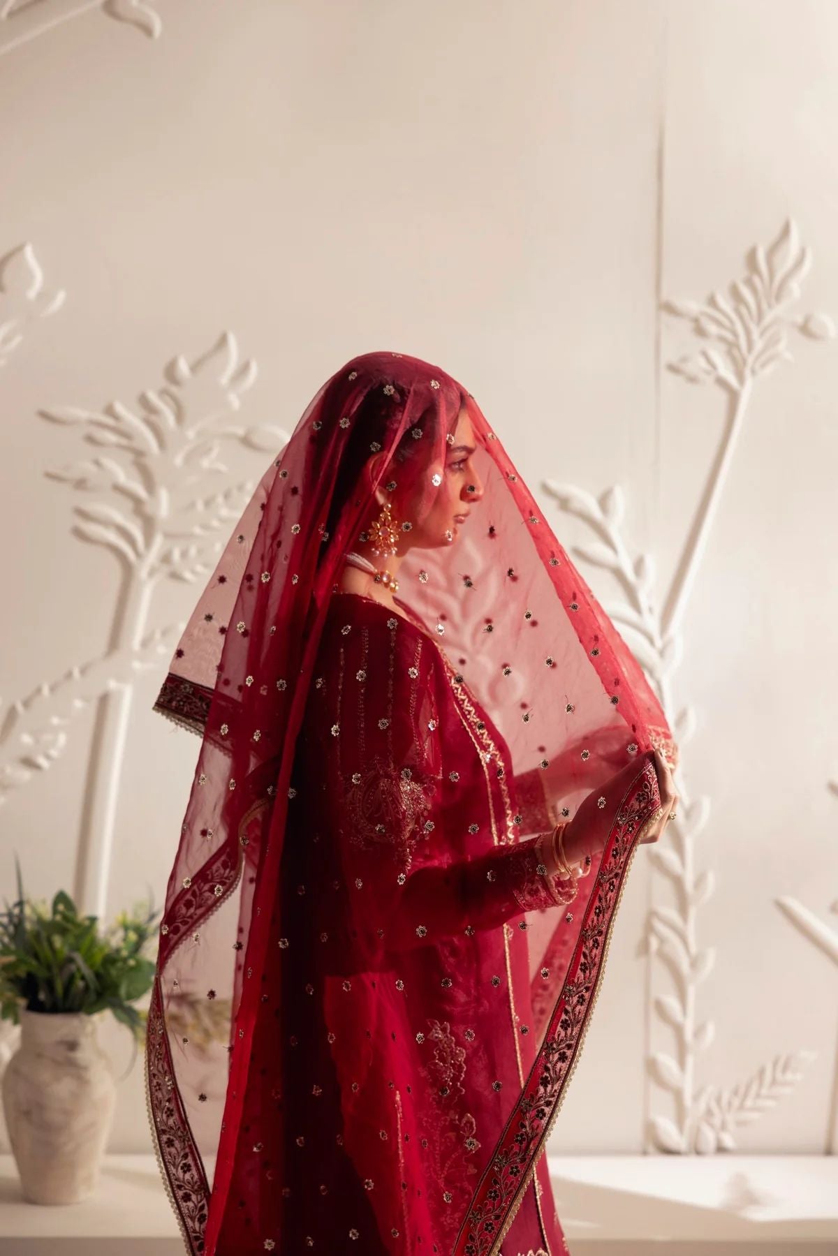 Muse12 - Ready to Wear Maroon Chiffon & Raw Silk Embroidered Gharara Set by Mohagni