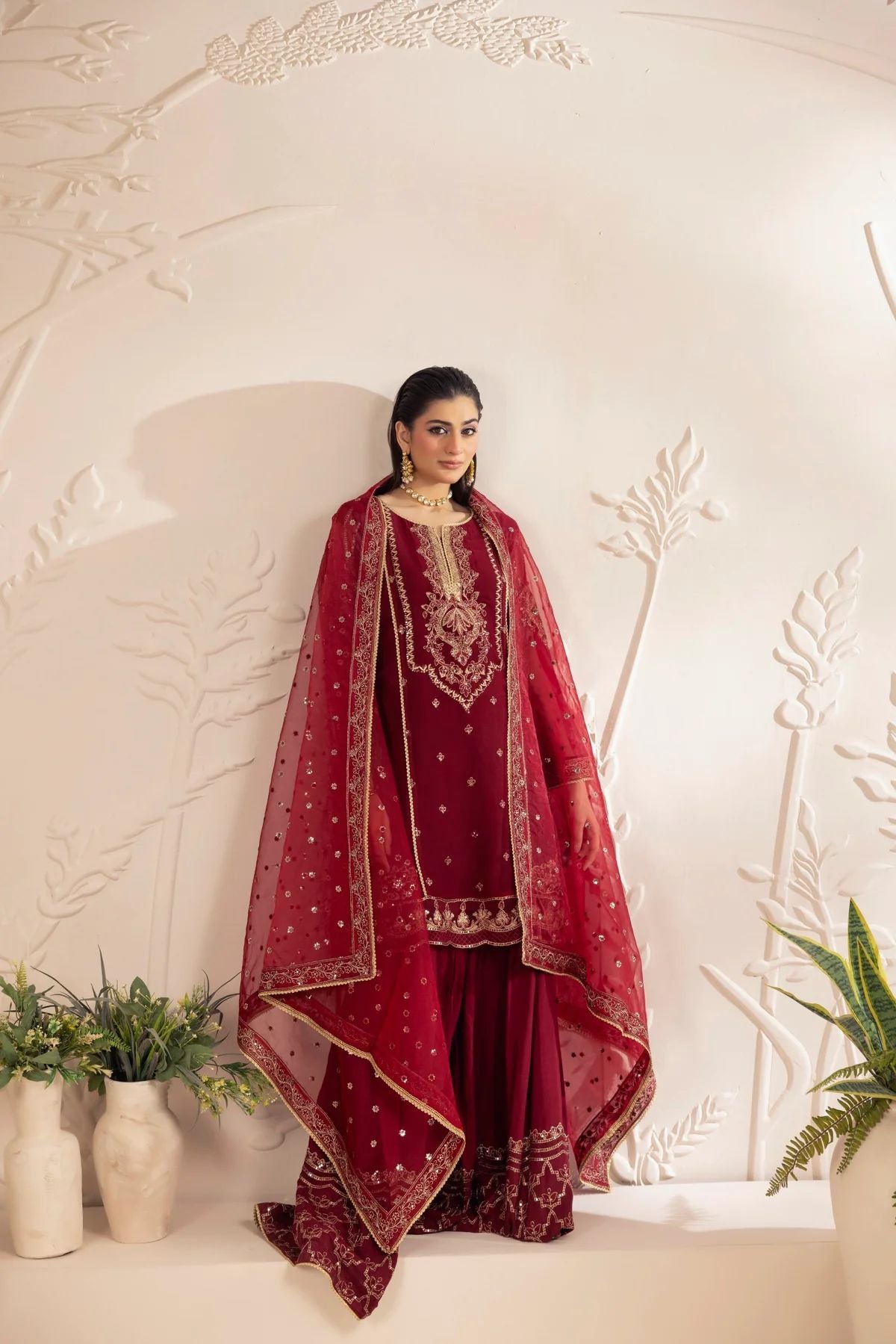 Muse12 - Ready to Wear Maroon Chiffon & Raw Silk Embroidered Gharara Set by Mohagni