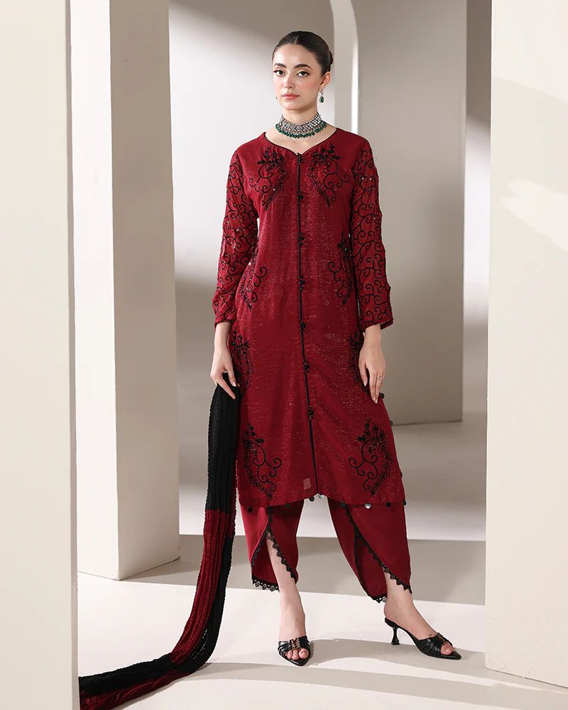 Starstruck by Ain – Crimson Zari Chiffon 3pc Dress with Tulip Shalwar SBA5