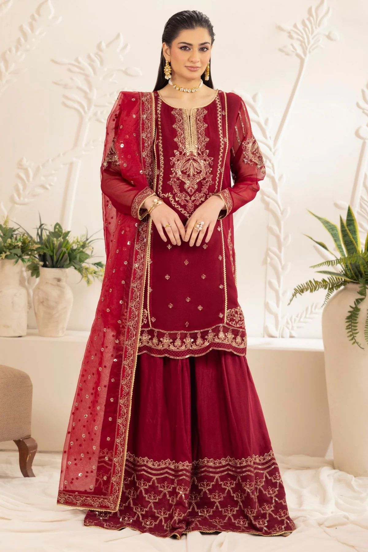 Muse12 - Ready to Wear Maroon Chiffon & Raw Silk Embroidered Gharara Set by Mohagni
