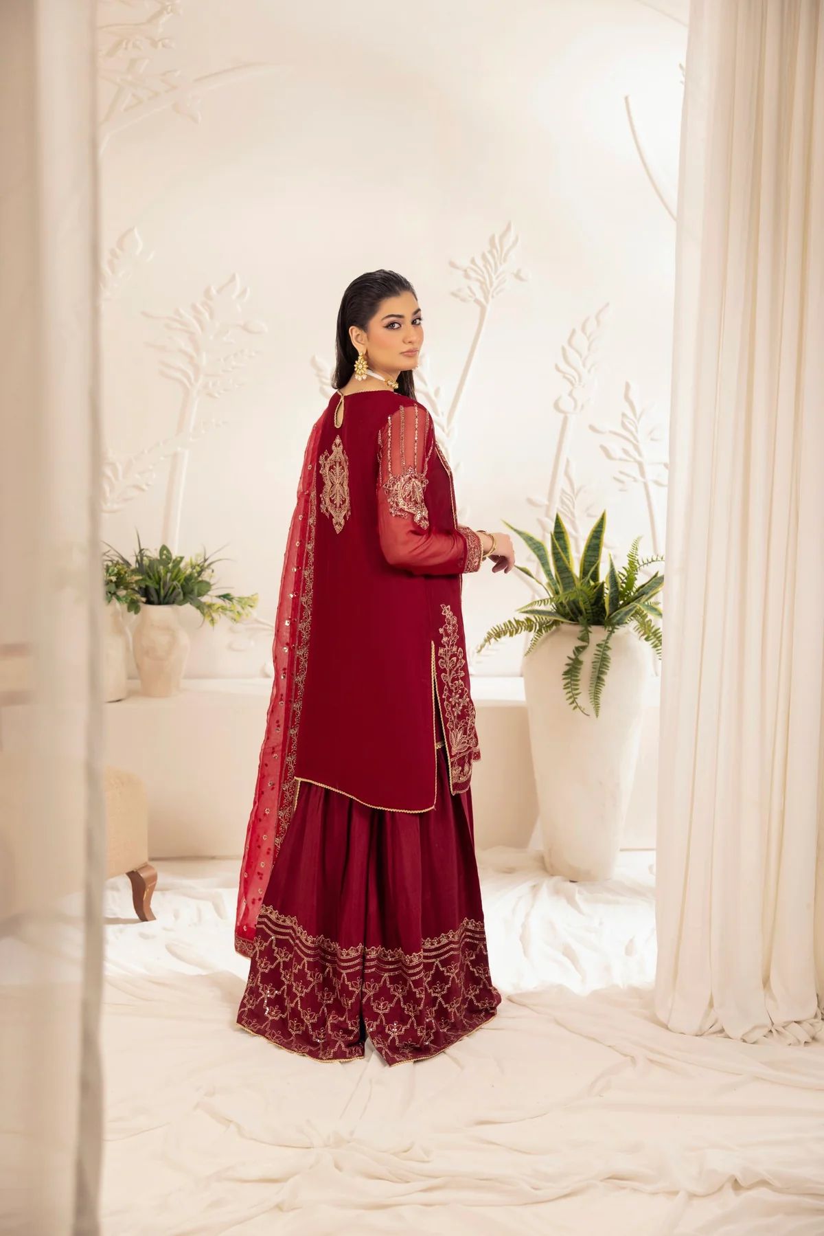 Muse12 - Ready to Wear Maroon Chiffon & Raw Silk Embroidered Gharara Set by Mohagni