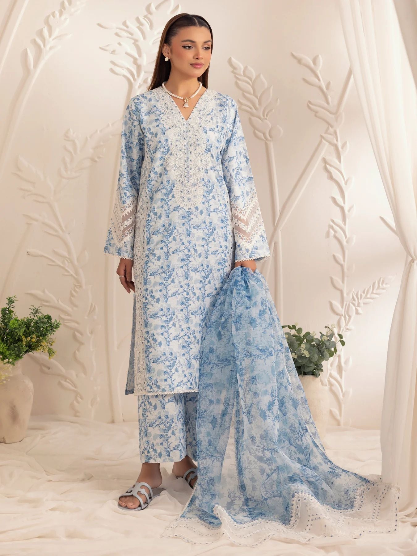 Muse02 - Blue Serenity | 3pc Printed Silk Lawn & Embroidered Organza Suit by Mohagni